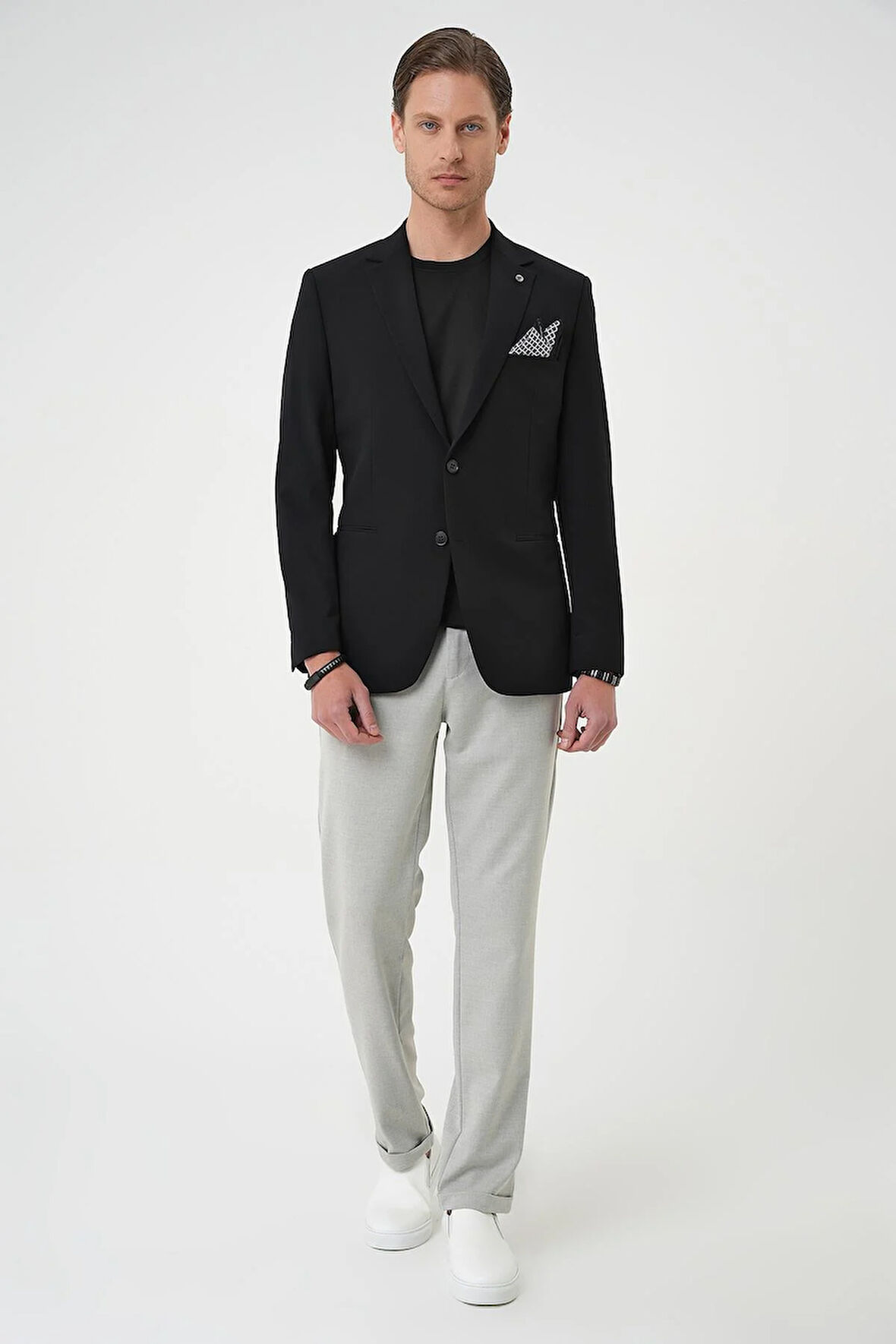 Slim Fit Mono Yaka Fleto Cepli Çift Yırtmaçlı Casual Siyah Ceket C 710