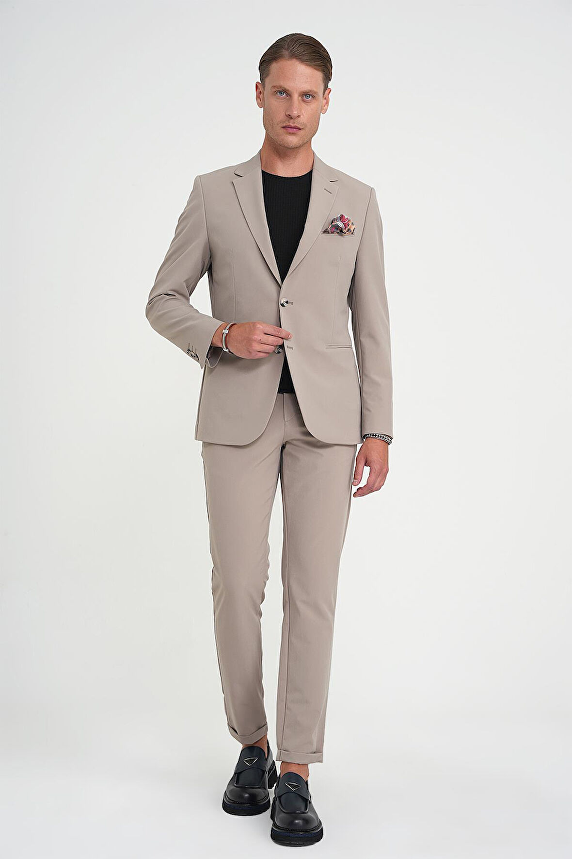 Slim Fit Mono Yaka Fleto Cepli Çift Yırtmaçlı Casual Vizon Ceket C 710