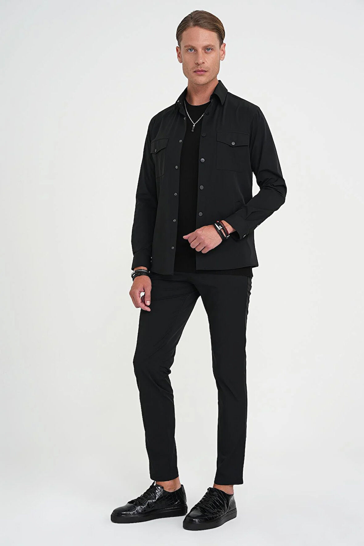 Comfort Fit Çıt Çıtlı Yandan Cepli Esnek Siyah Gömlek Ceket G 1591
