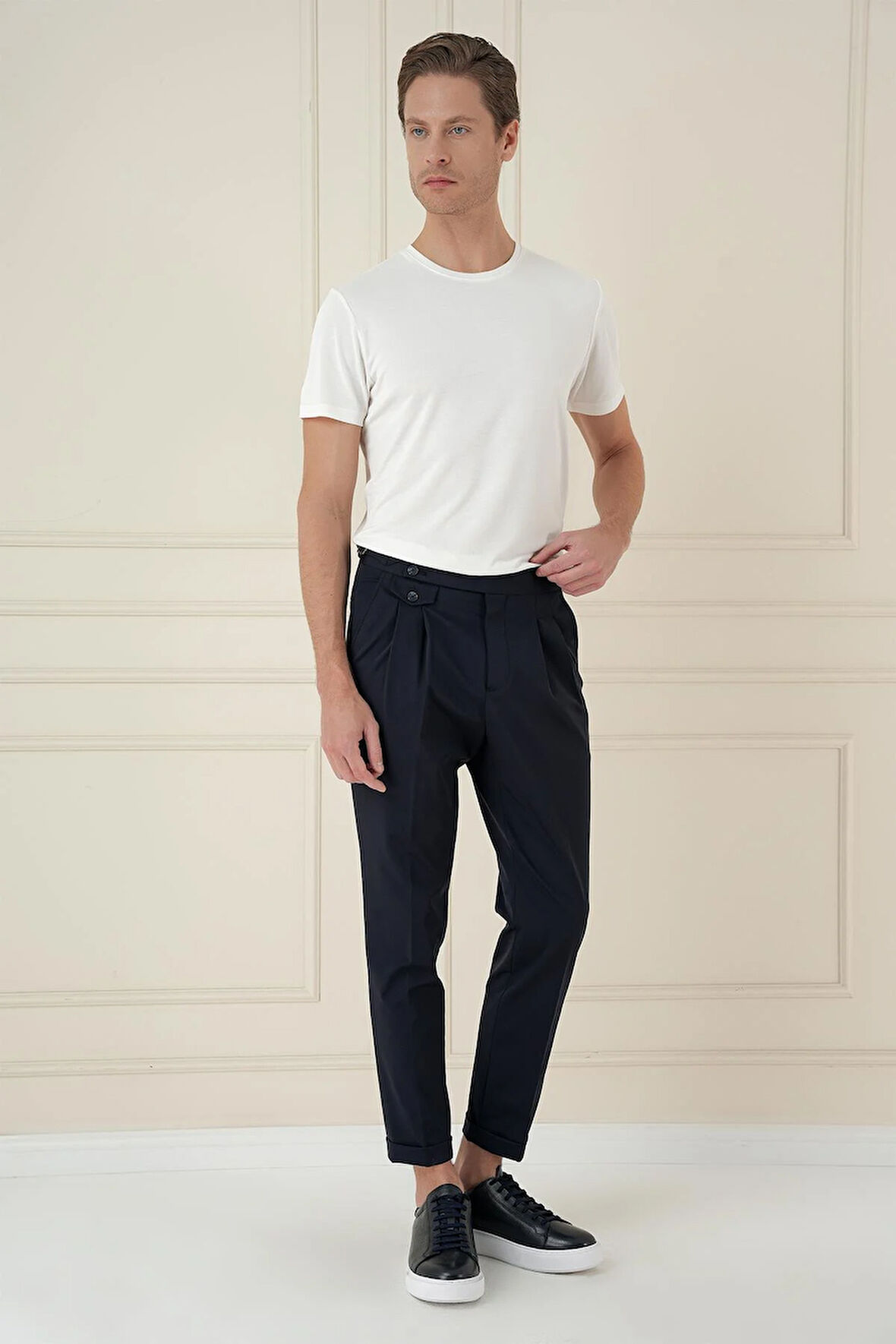 P 1172 Comfort Fit Beli Tokalı Çift Pileli Lacivert Jogger Pantolon