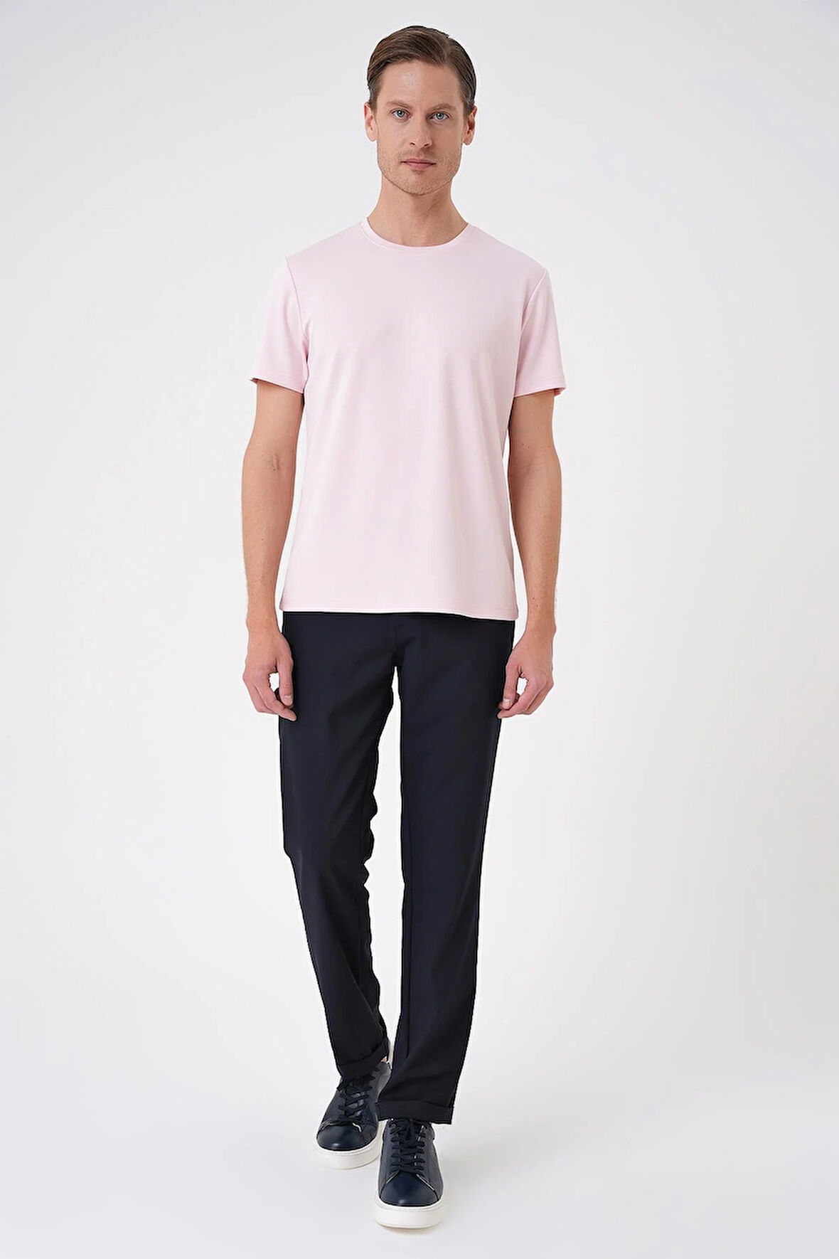Ts 885 Comfort Fit Bisiklet Yaka Esnek Pamuk Casuel Pembe Tişört