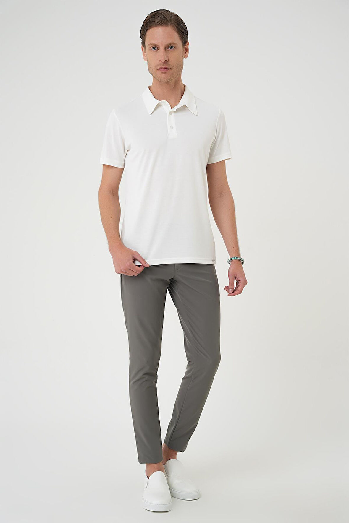 Ts 903 Comfort Fit Polo Yaka Modal Karışım Kısa Kol Casual Ekru Tişört