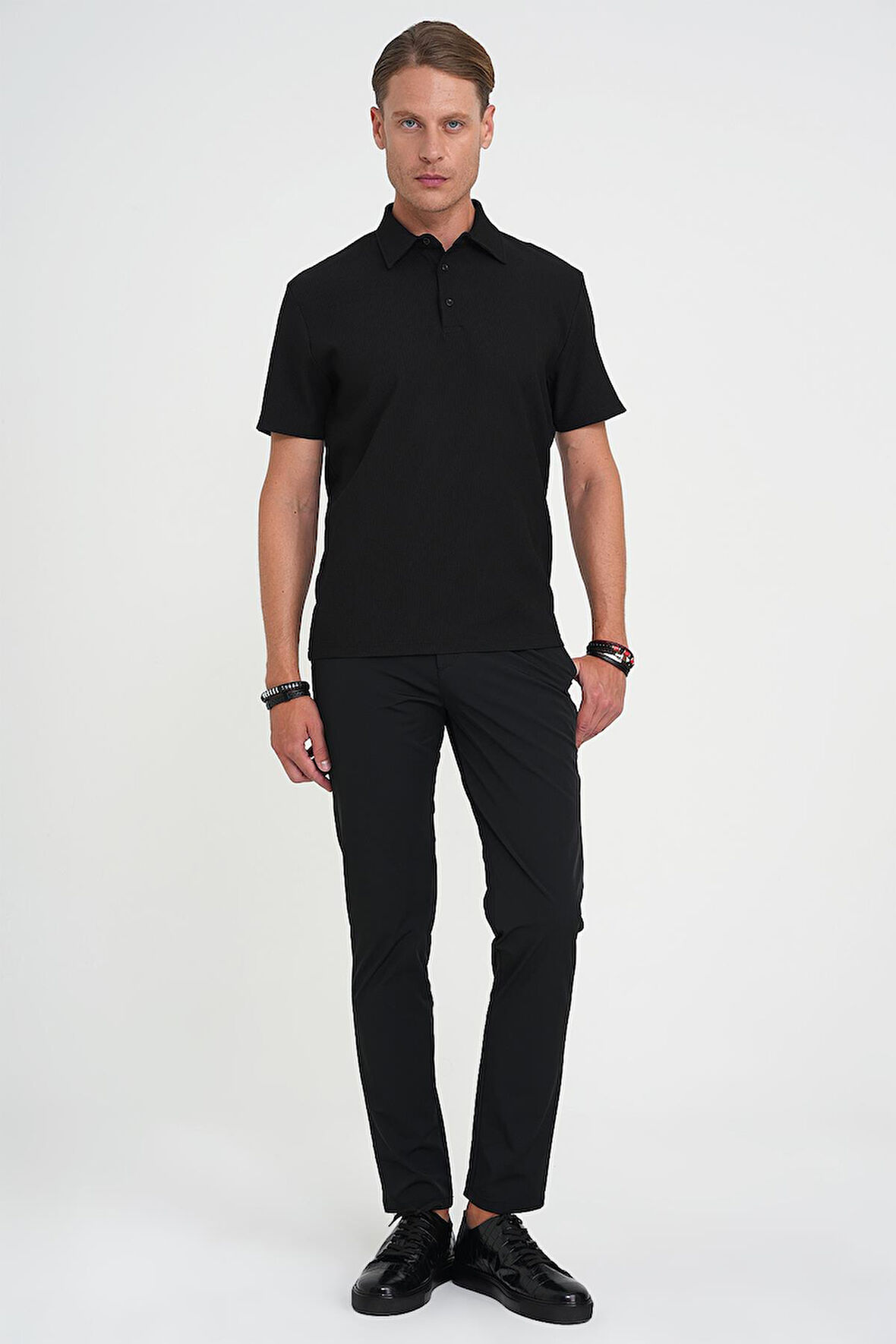 Slim Fit Polo Yaka Modal Fitilli Kısa Kol Siyah Tişört Ts 904