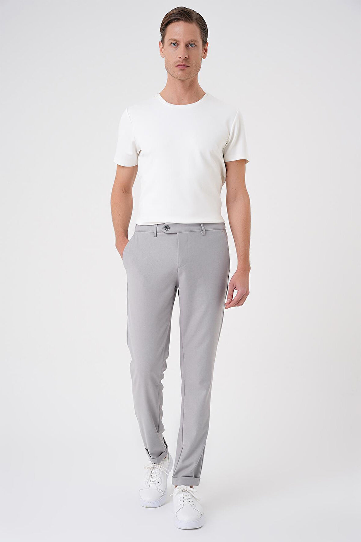 P 1186 Comfort Fit Beli Lastikli Dokulu Gri Jogger Pantolon 