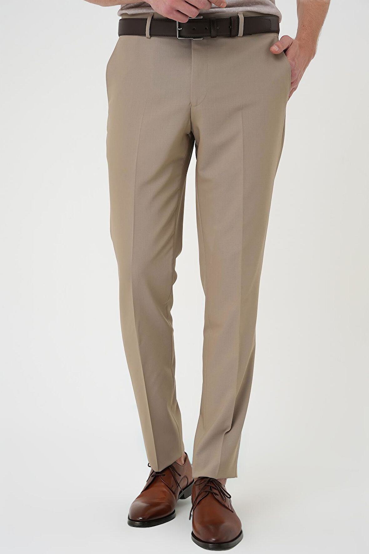 Slim Fit Pilesiz Yün Klasik Koyu Bej Kumaş Pantolon  P 1191