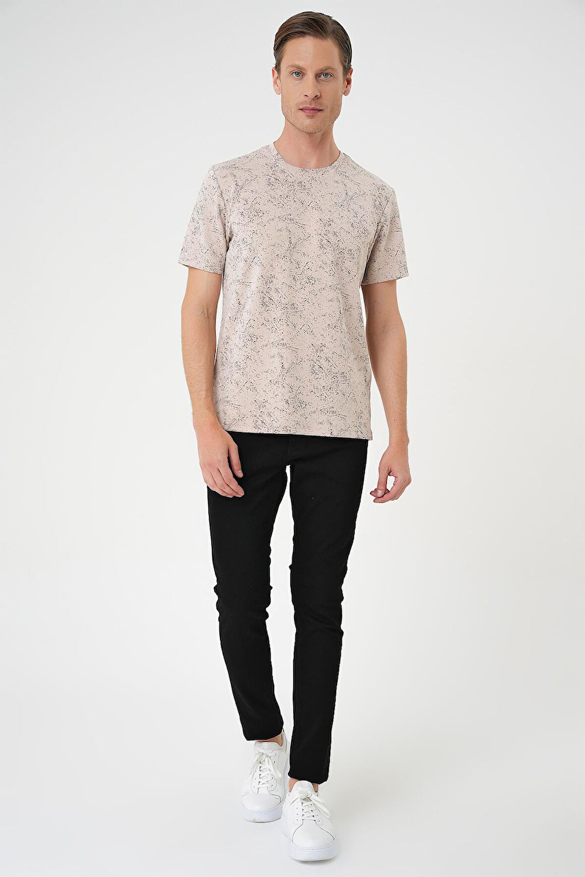 Ts 905 Comfort Fit Bisiklet Yaka Batik Görünmlü Kısa Kol Casual Bej Tişört