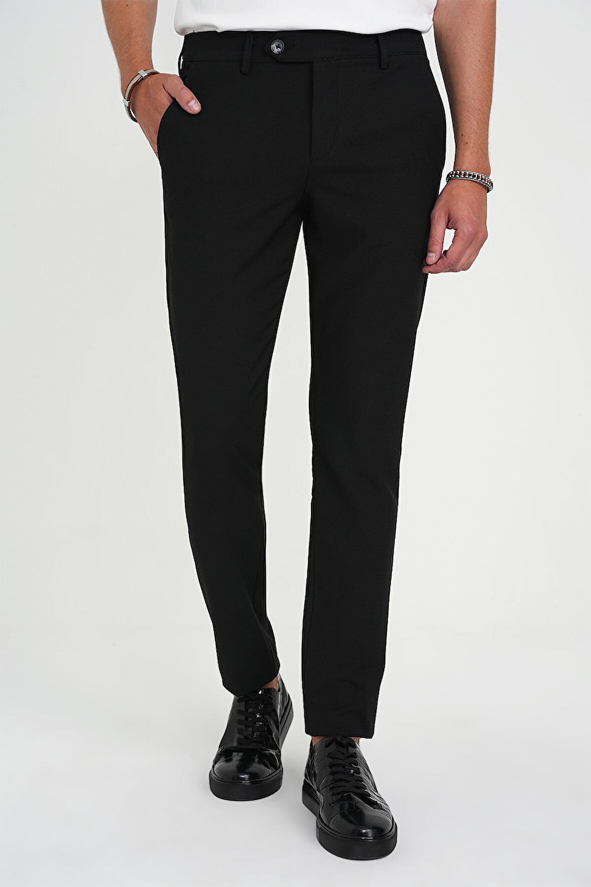 Comfort Fit Beli Lastikli Dokulu Siyah Jogger Pantolon  P 1192