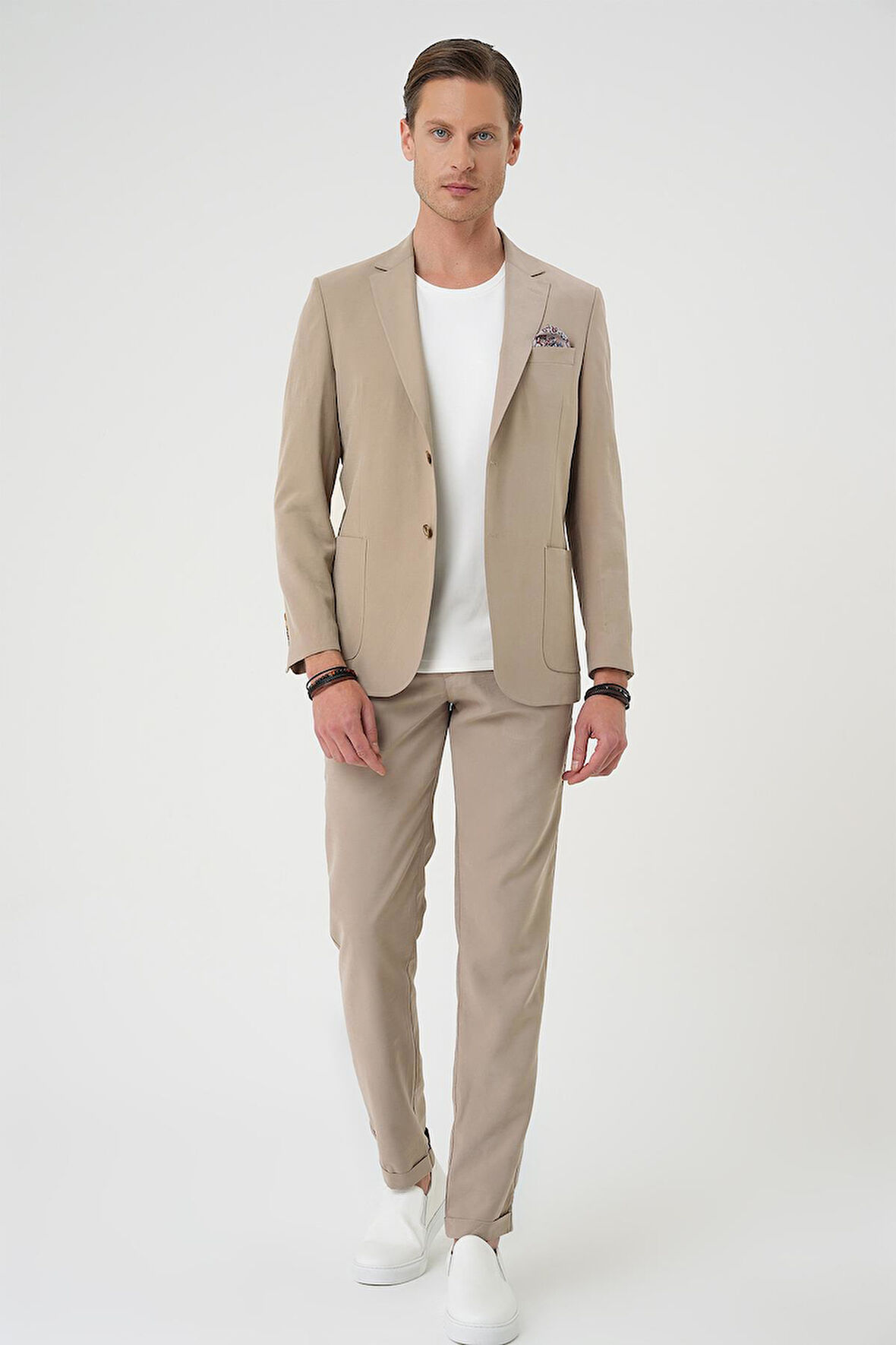 C 714 Slim Fit Torba Cep Spandex Karışımlı Casual Bej Ceket