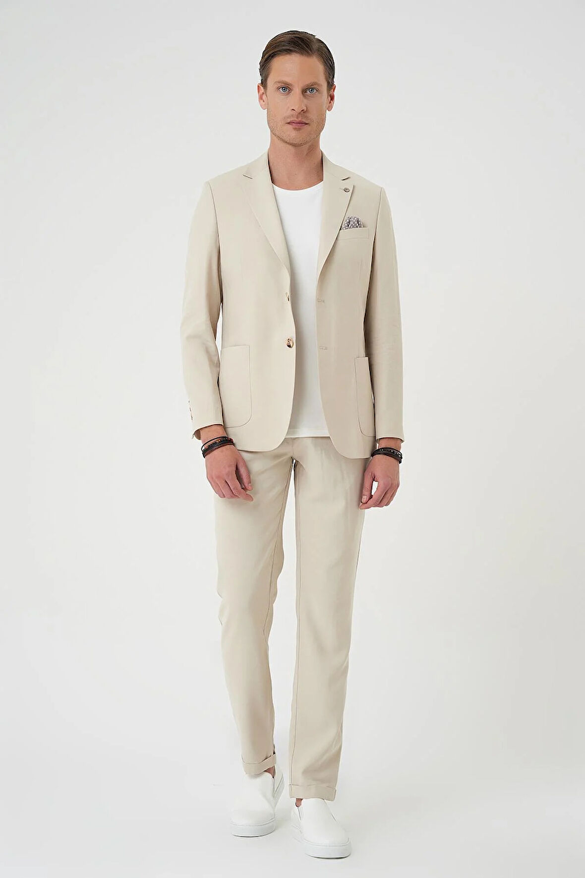 C 714 Slim Fit Torba Cep Spandex Karışımlı Casual Krem Ceket