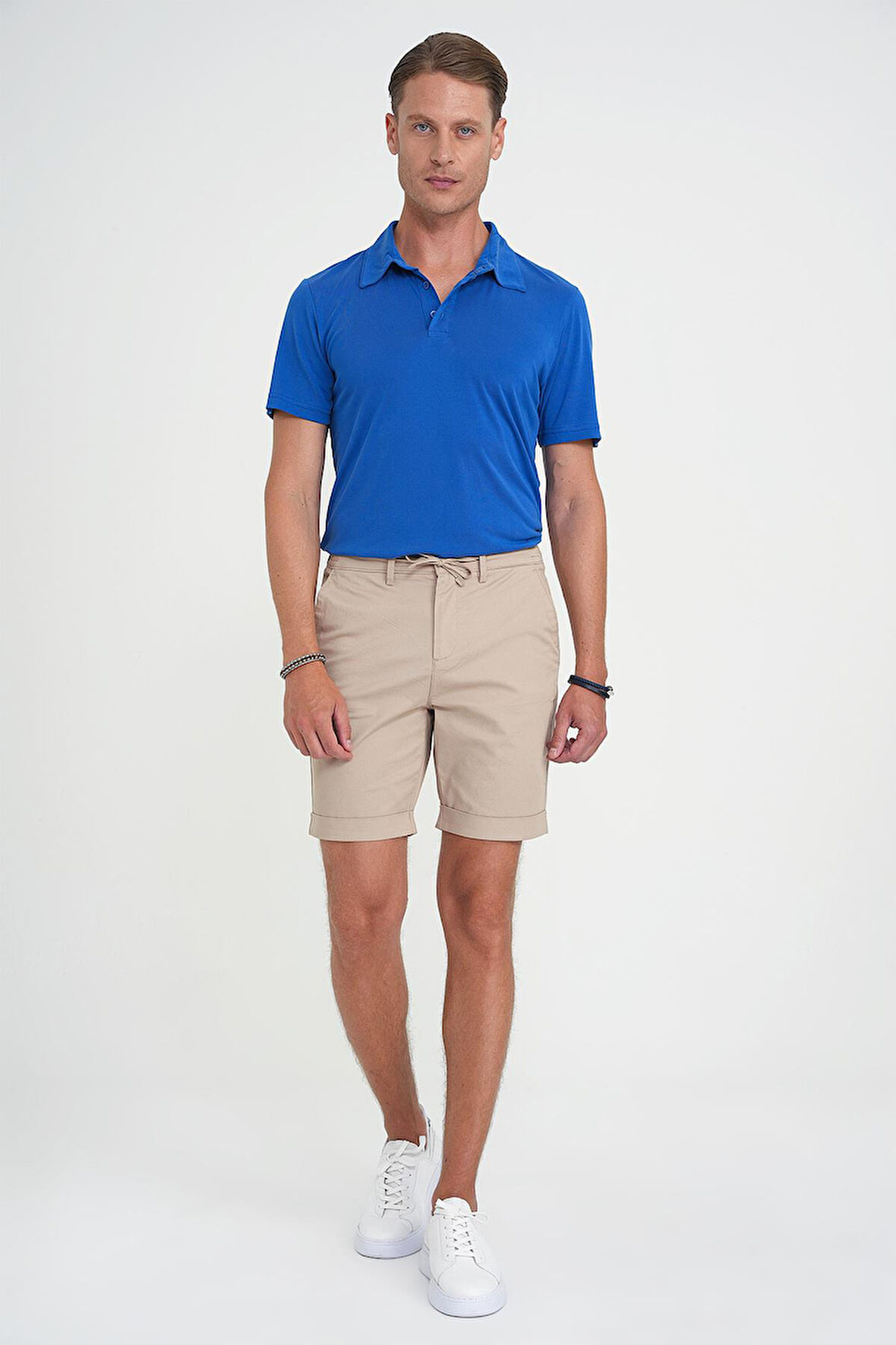 Comfort Fit Bağcıklı ve Lastikli Bel Esnek Pamuk Casuel Bej Şort Bermuda 036 