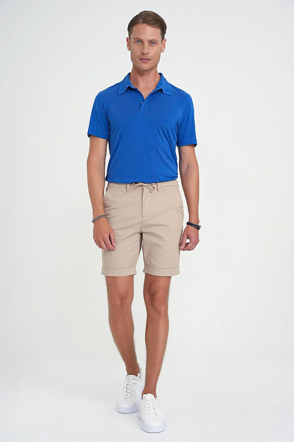 Comfort Fit Bağcıklı ve Lastikli Bel Esnek Pamuk Casuel Bej Şort Bermuda 036 