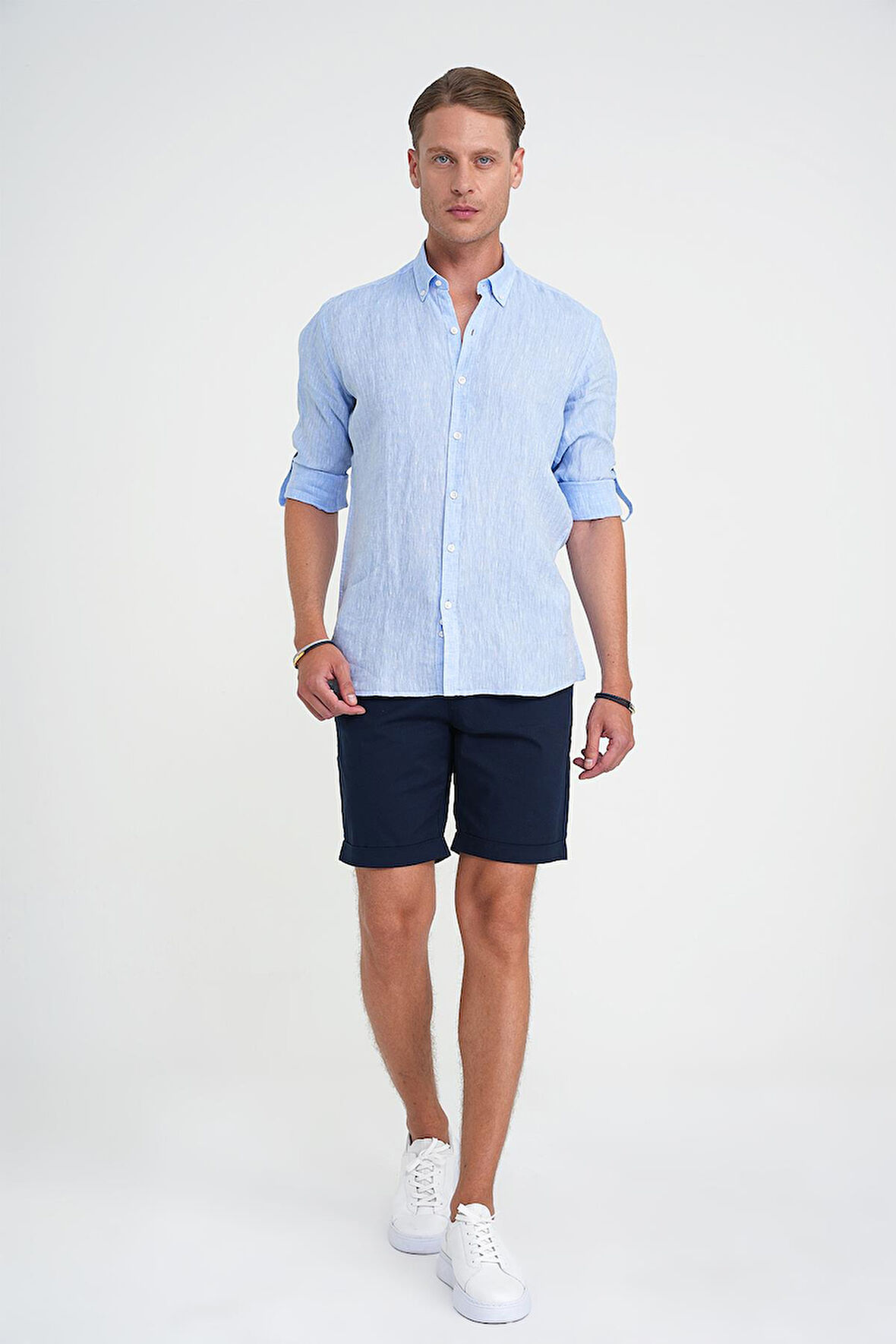 Comfort Fit Bağcıklı ve Lastikli Bel Esnek Pamuk Casuel Lacivert Şort Bermuda 036 