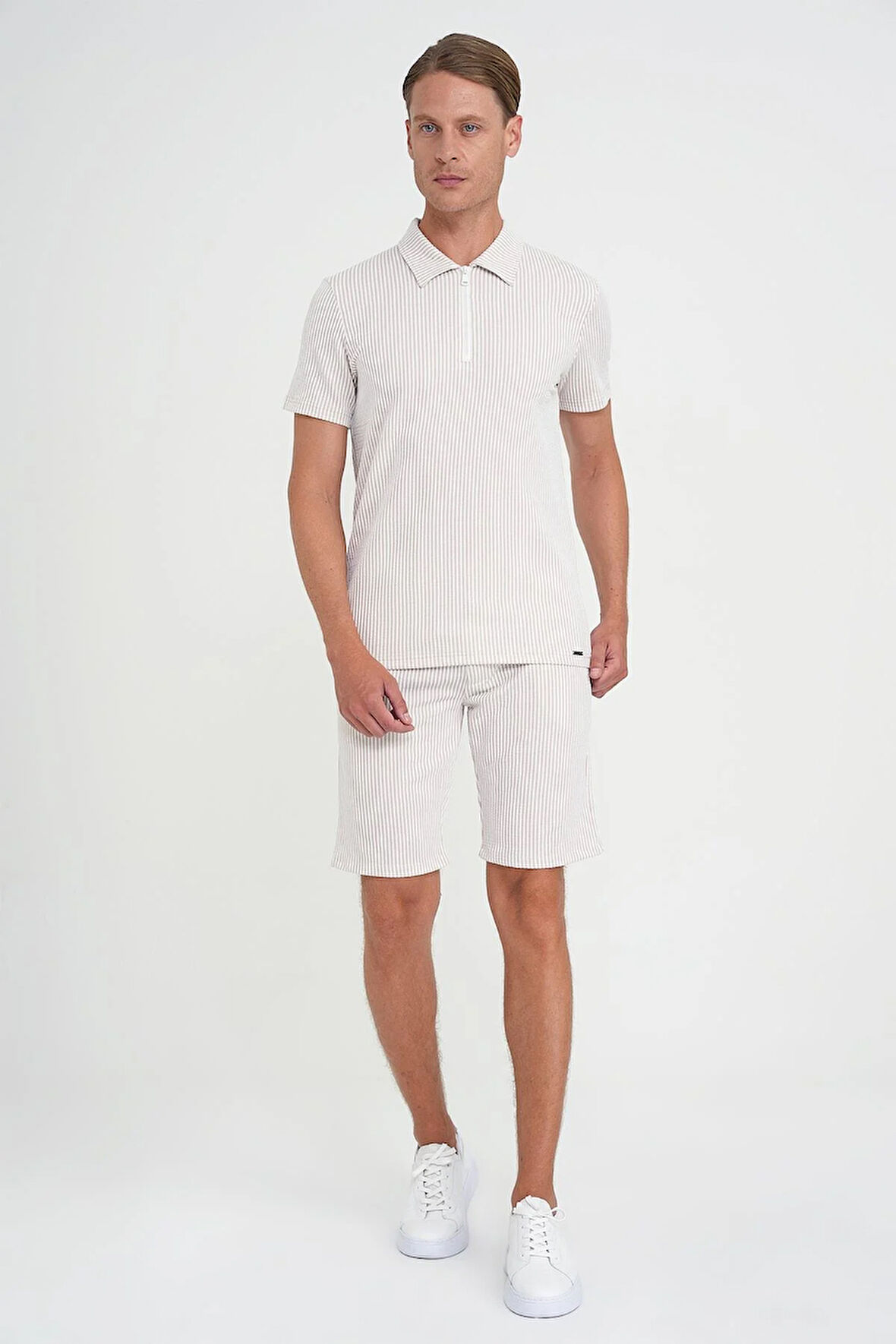 Comfort Fit Bağcıklı Bel Çizgili Pamuk Casuel Bej Şort Bermuda 038 