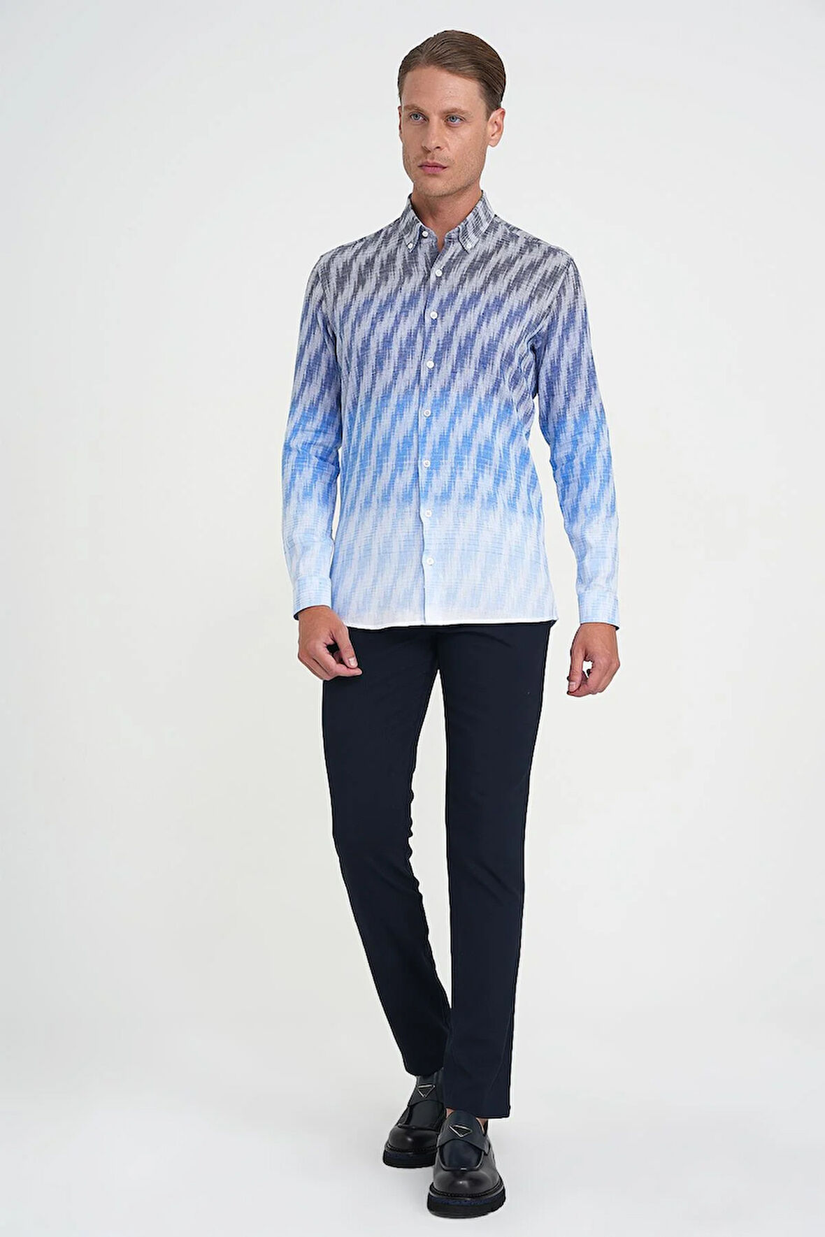 Comfort Fit Pano Desen Düğme Yaka %100 Keten Mavi Gömlek G 1594