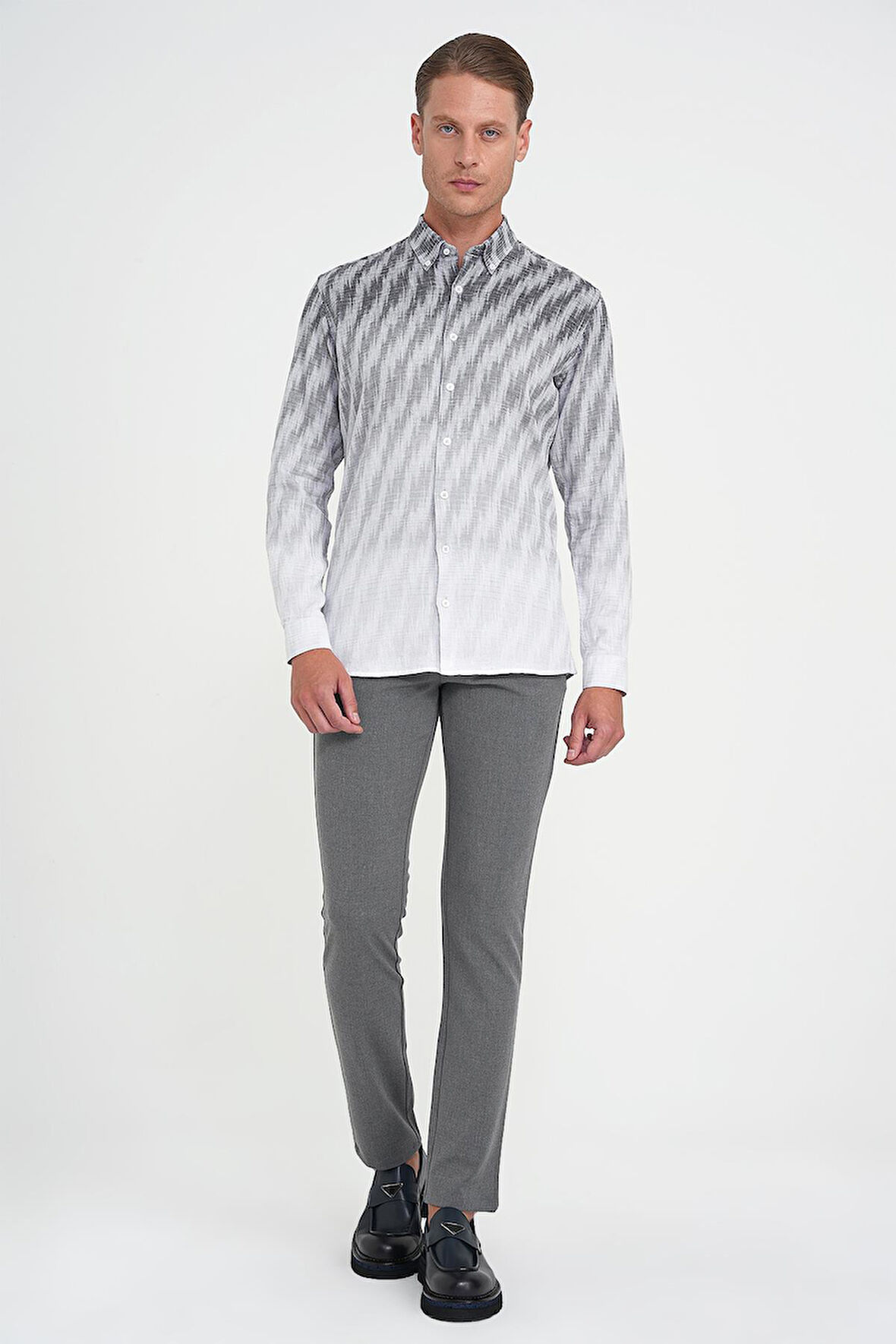 Comfort Fit Pano Desen Düğme Yaka %100 Keten Gri Gömlek G 1594