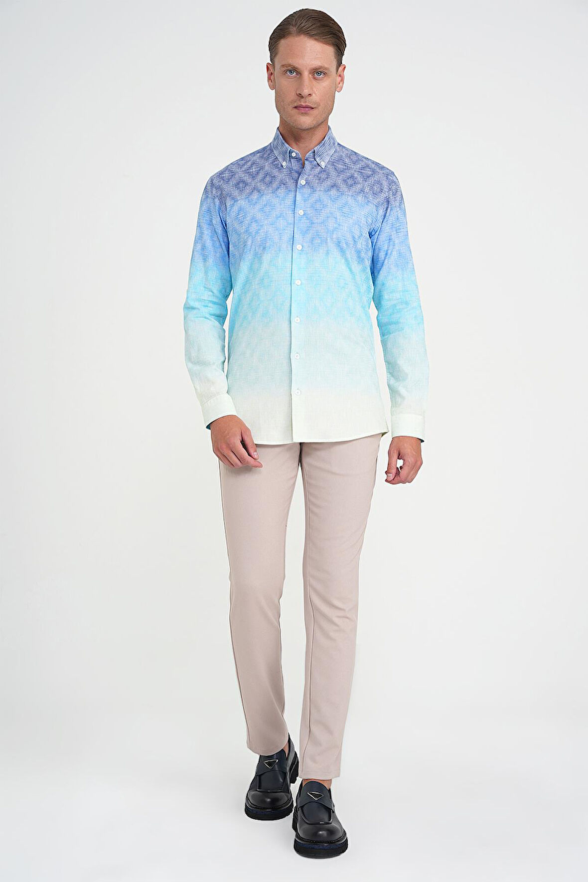 Comfort Fit Pano Desen Düğme Yaka %100 Keten Turkuaz Gömlek G 1593