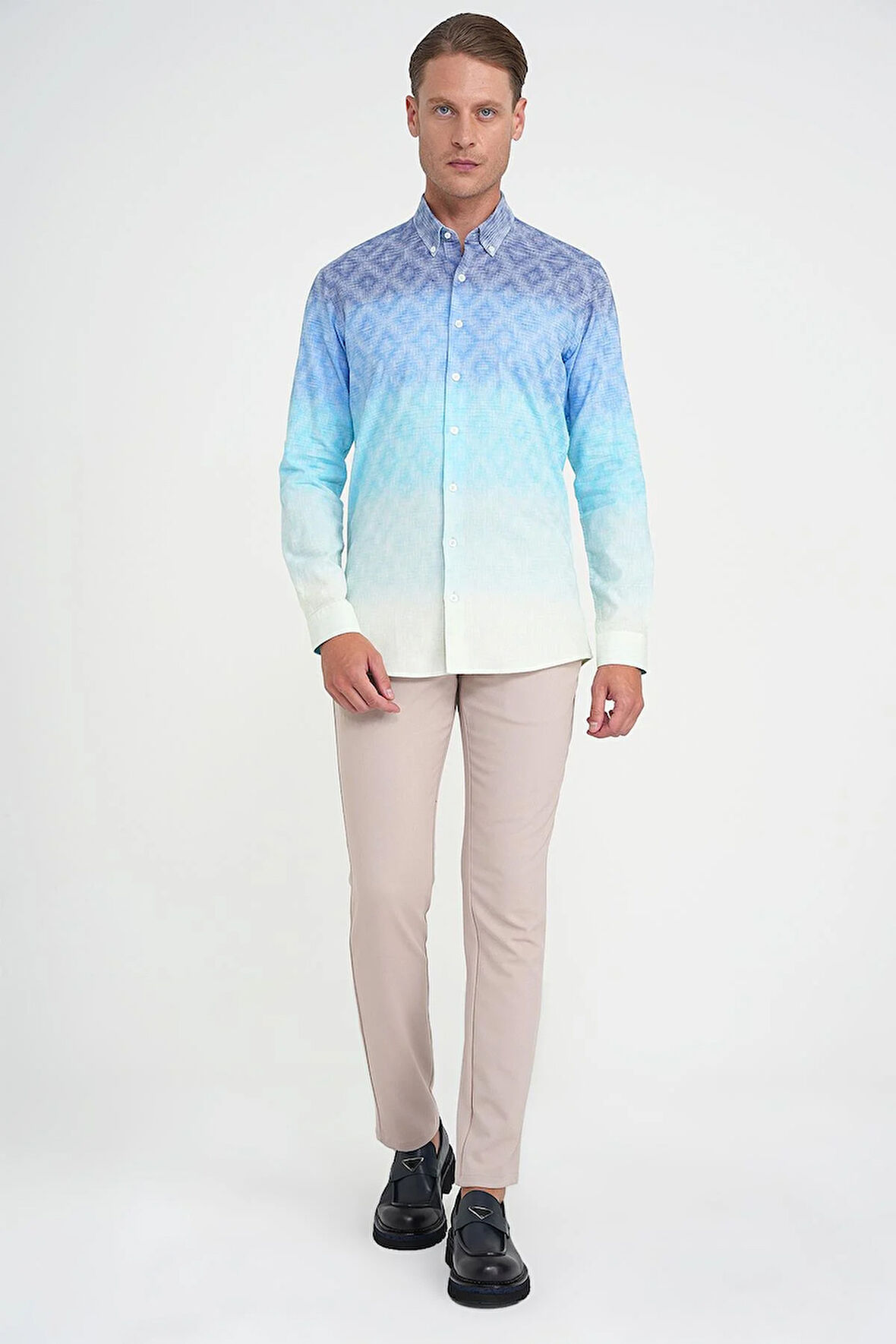 Comfort Fit Pano Desen Düğme Yaka %100 Keten Turkuaz Gömlek G 1593