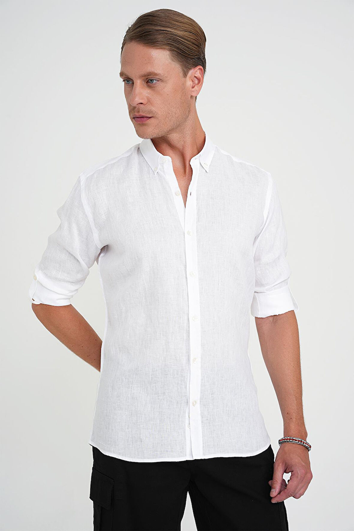 Comfort Fit Düğme Yaka Katlanır Kol %100 Keten Düz Beyaz Gömlek G 1595