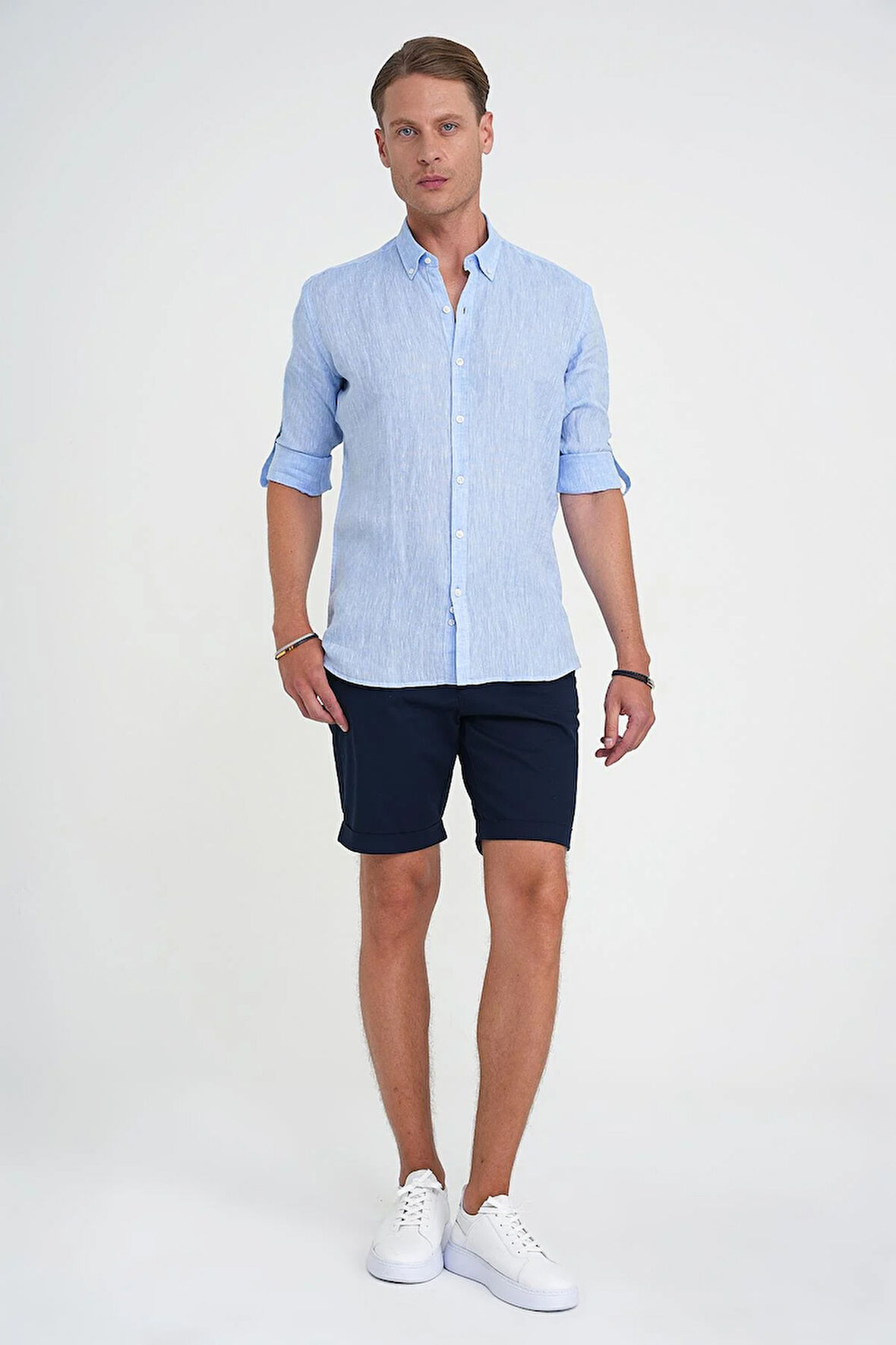 Comfort Fit Düğme Yaka Katlanır Kol %100 Keten Düz Mavi Gömlek G 1595