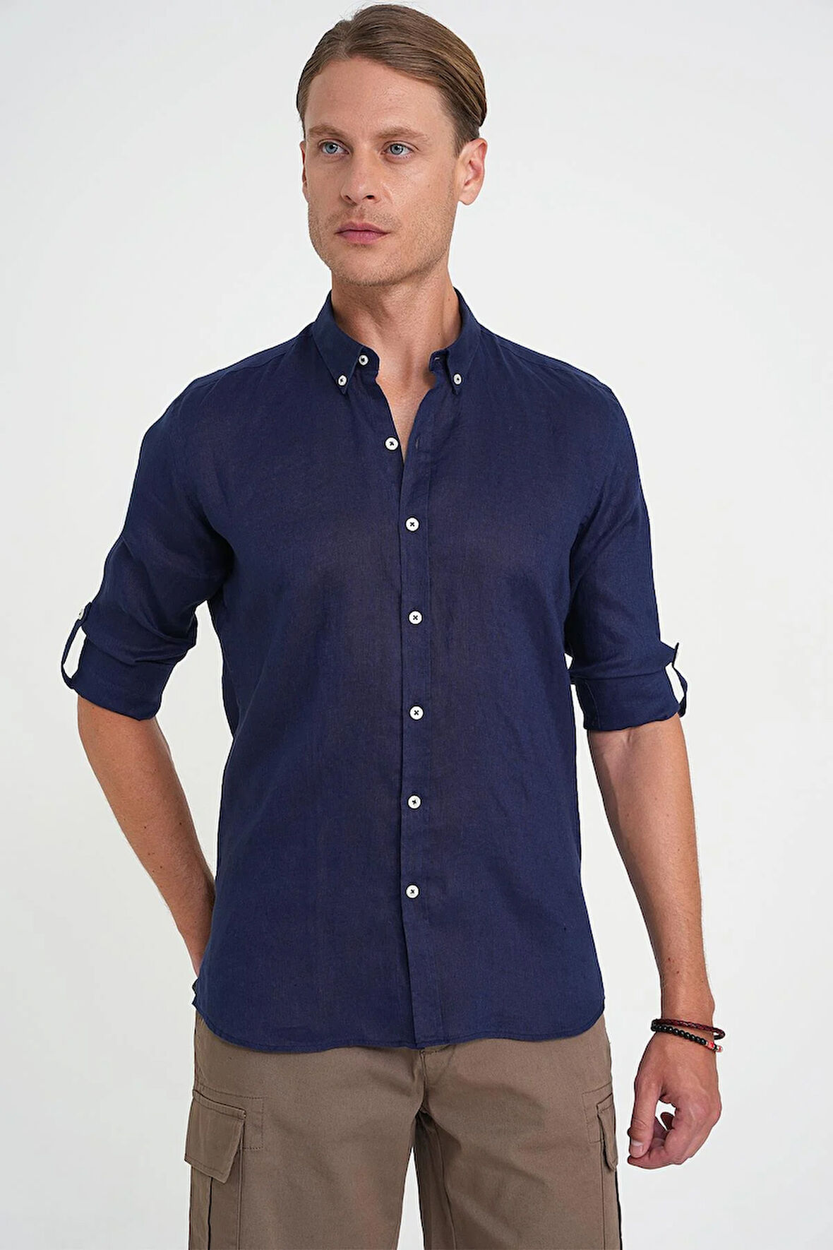 Comfort Fit Düğme Yaka Katlanır Kol %100 Keten Düz Lacivert Gömlek G 1595