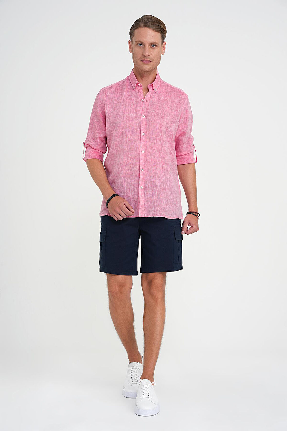 Comfort Fit Düğme Yaka Katlanır Kol %100 Keten Düz Mercan Gömlek G 1595