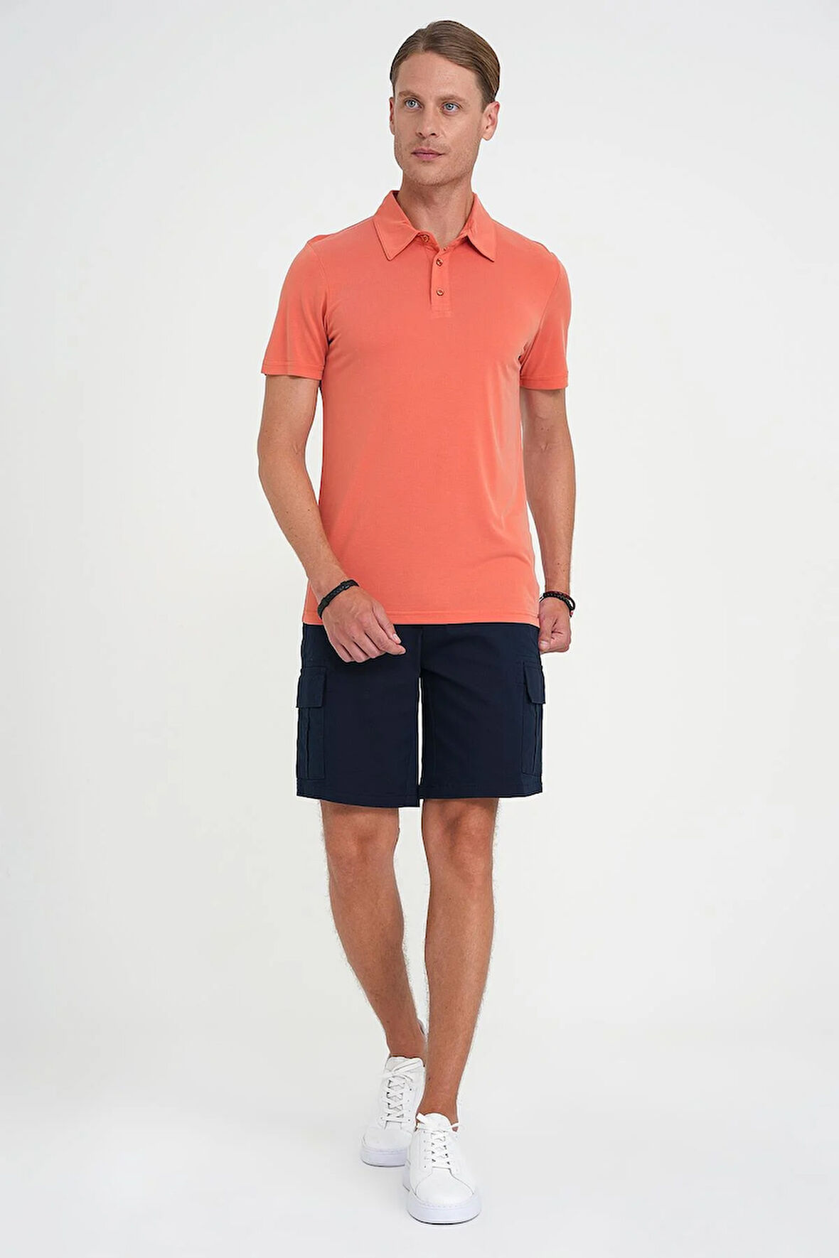 Comfort Fit Beli Kemerli Kargo Cep Pamuk Casuel Lacivert Şort Bermuda 039 