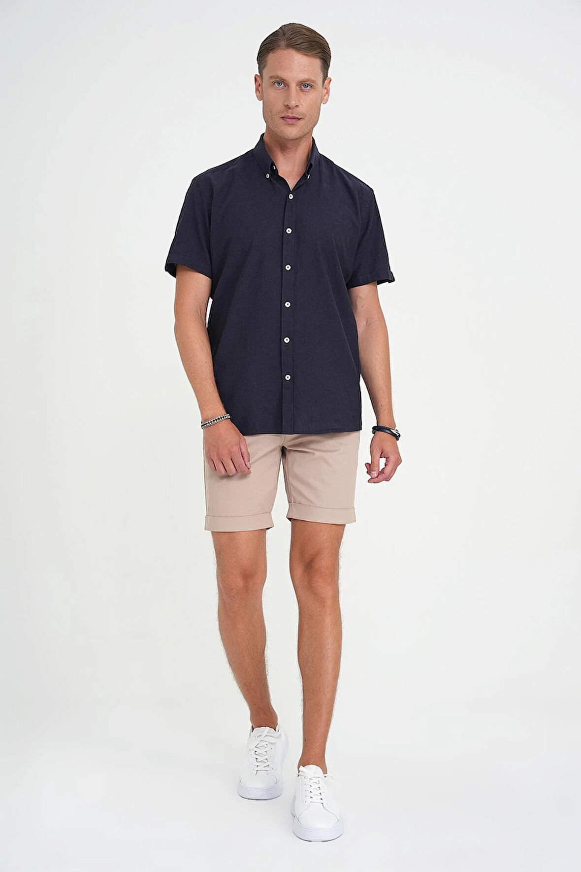 Comfort Fit Düğme Yaka Kısa Kol %100 Keten Düz Lacivert Gömlek G 1595