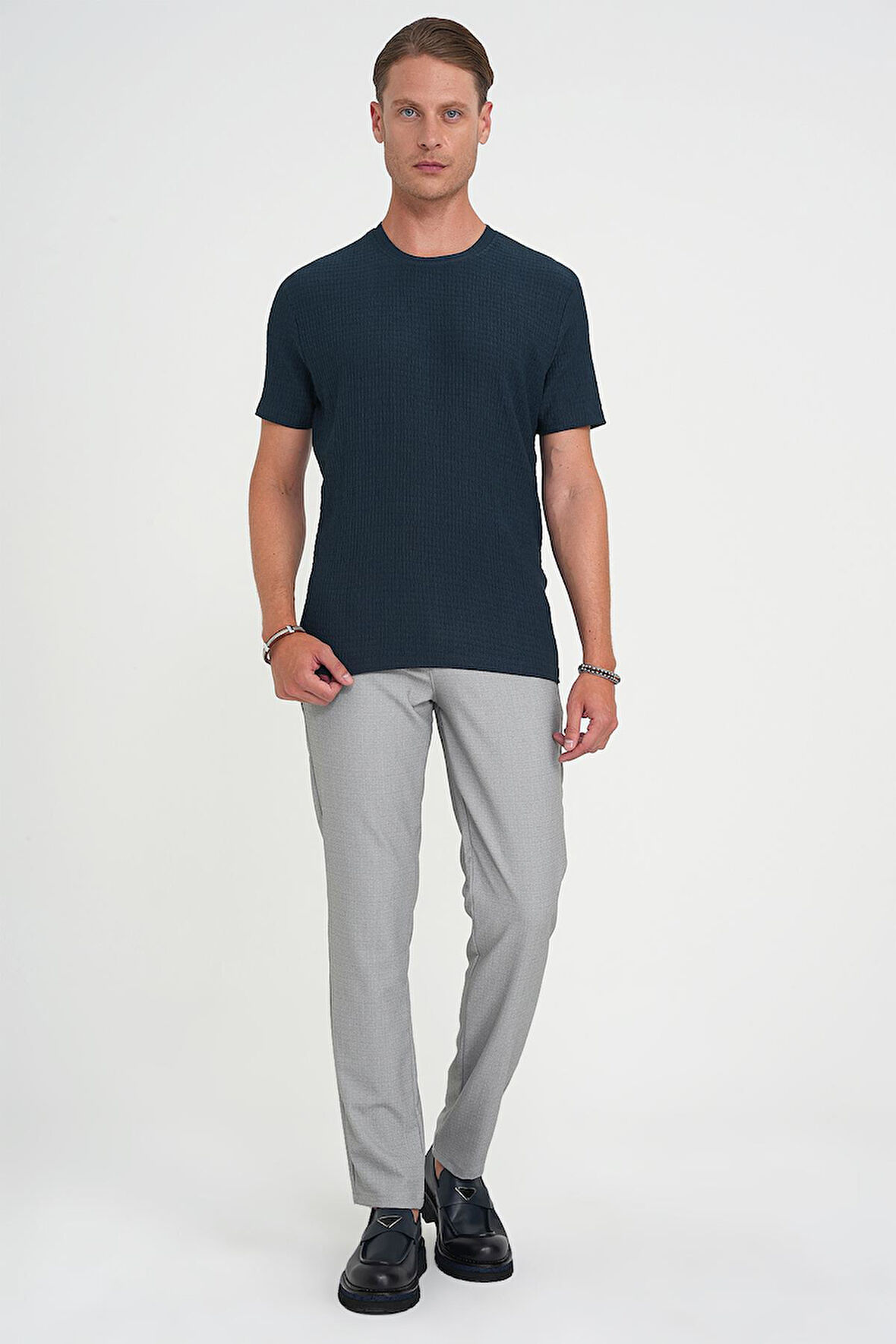 Comfort Fit Bisiklet Yaka Gofre Kısa Kol Petrol Mavisi Tişört Ts 911