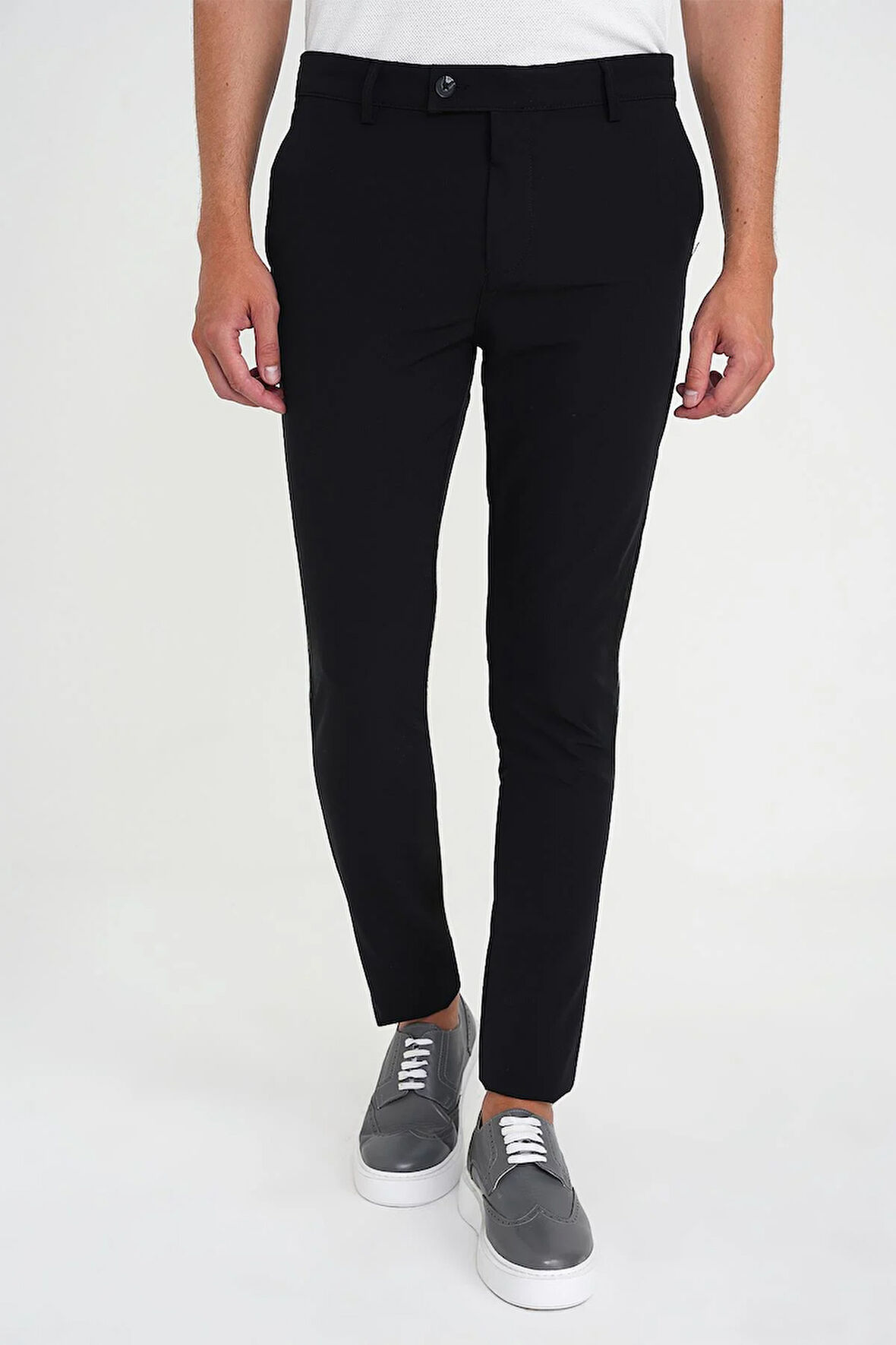 Slim Fit Yan Cepli Esnek Düz Siyah Pamuk Pantolon P 1197