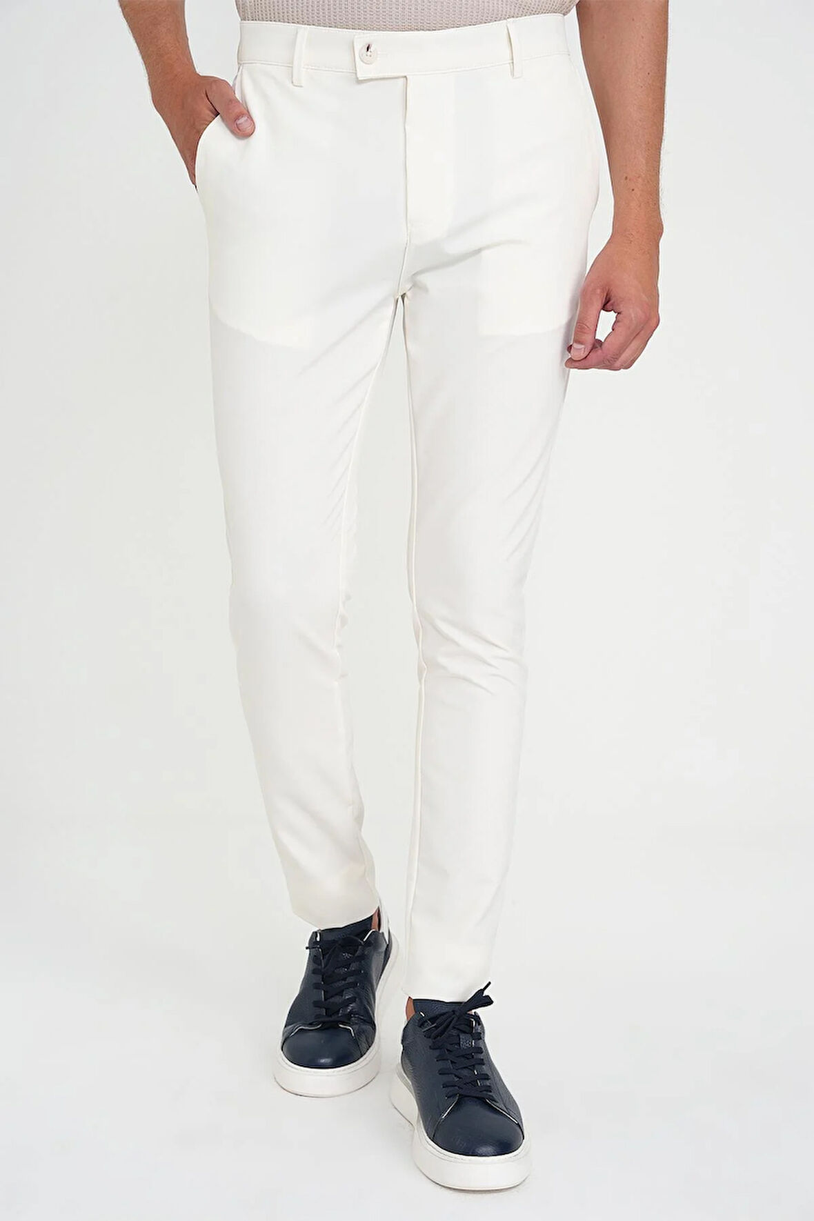 Slim Fit Yan Cepli Esnek Düz Beyaz Pamuk Pantolon P 1197