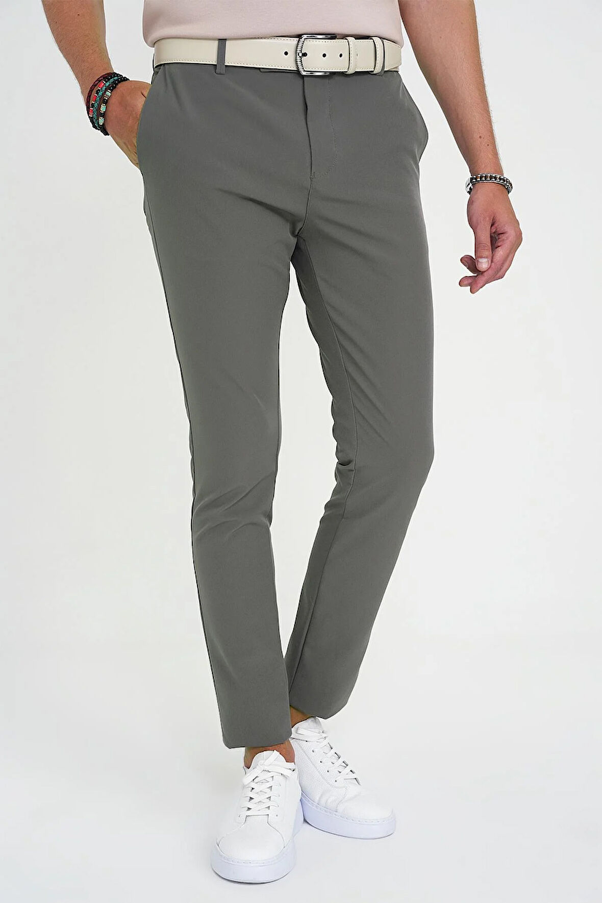 Slim Fit Yan Cepli Esnek Düz Haki Pamuk Pantolon P 1197