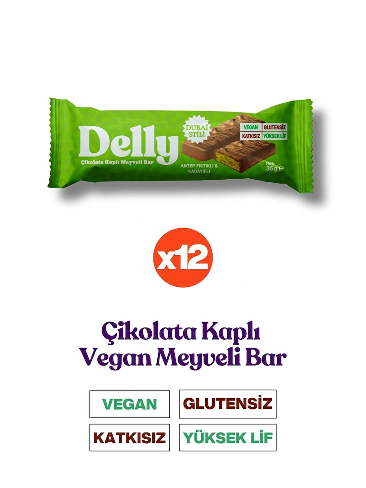 12 Adet Çikolata Kaplı - Antep Fıstıklı & Kadayıflı Meyveli Bar 35g