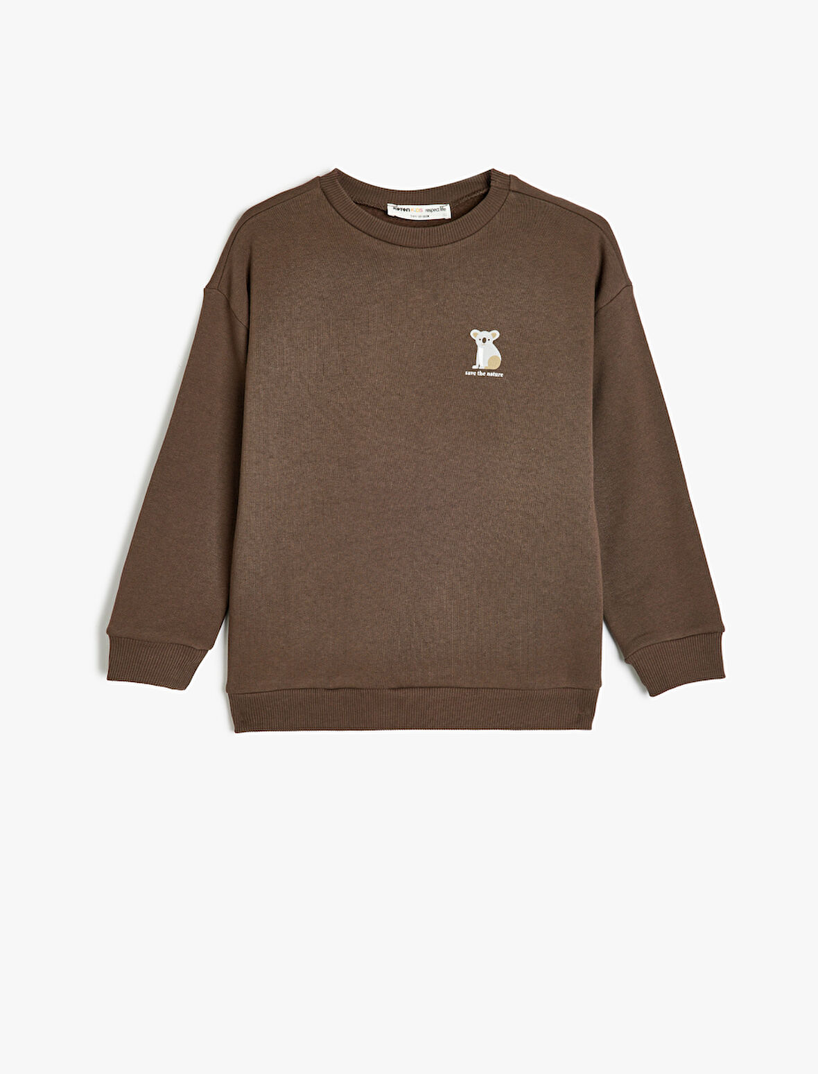 Organik Pamuklu Sweatshirt Koala Baskılı Uzun Kollu Bisiklet Yaka 