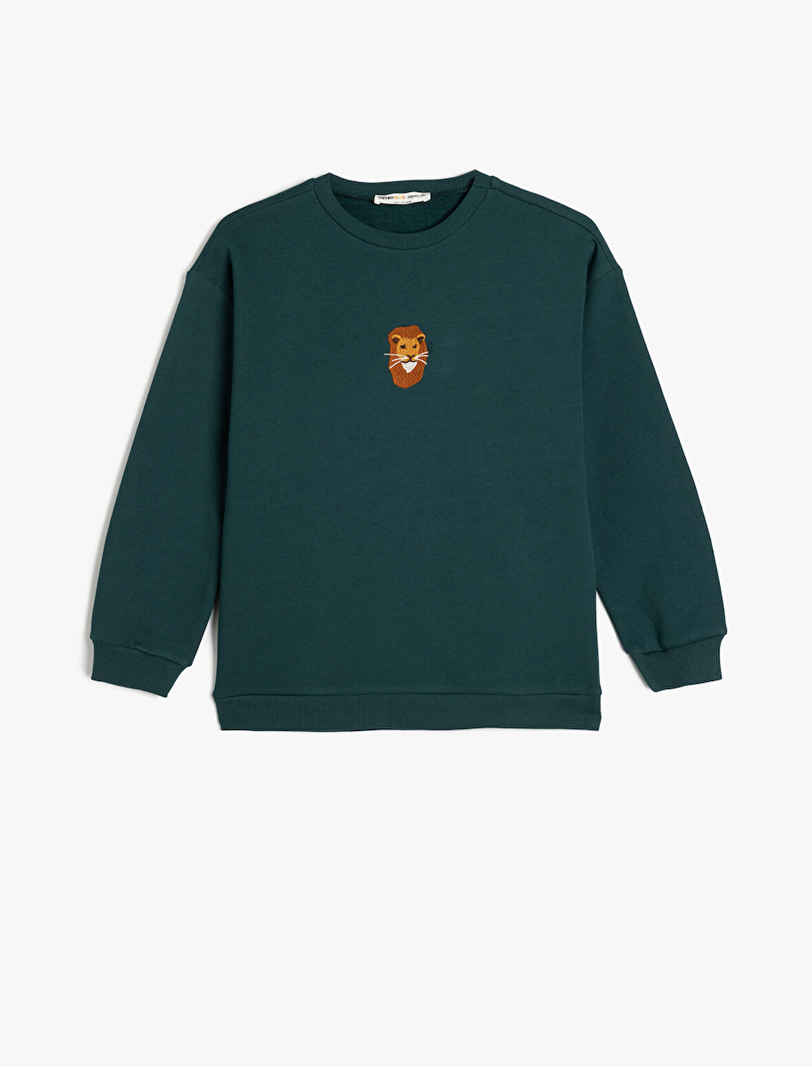 Uzun Kollu Bisiklet Yaka Aslan İşlemeli Şardonlu Pamuklu Sweatshirt