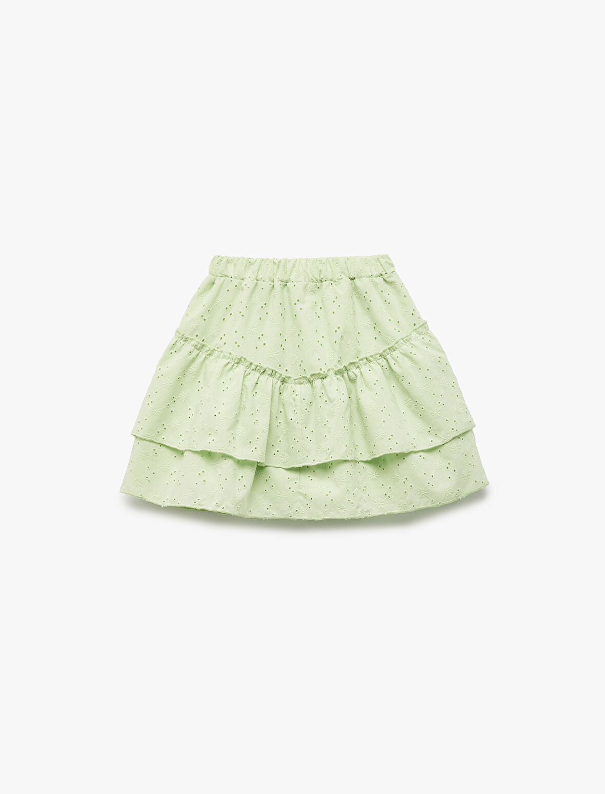 Beli Lastikli Pamuklu Kat Detaylı Brodeli Mini Etek