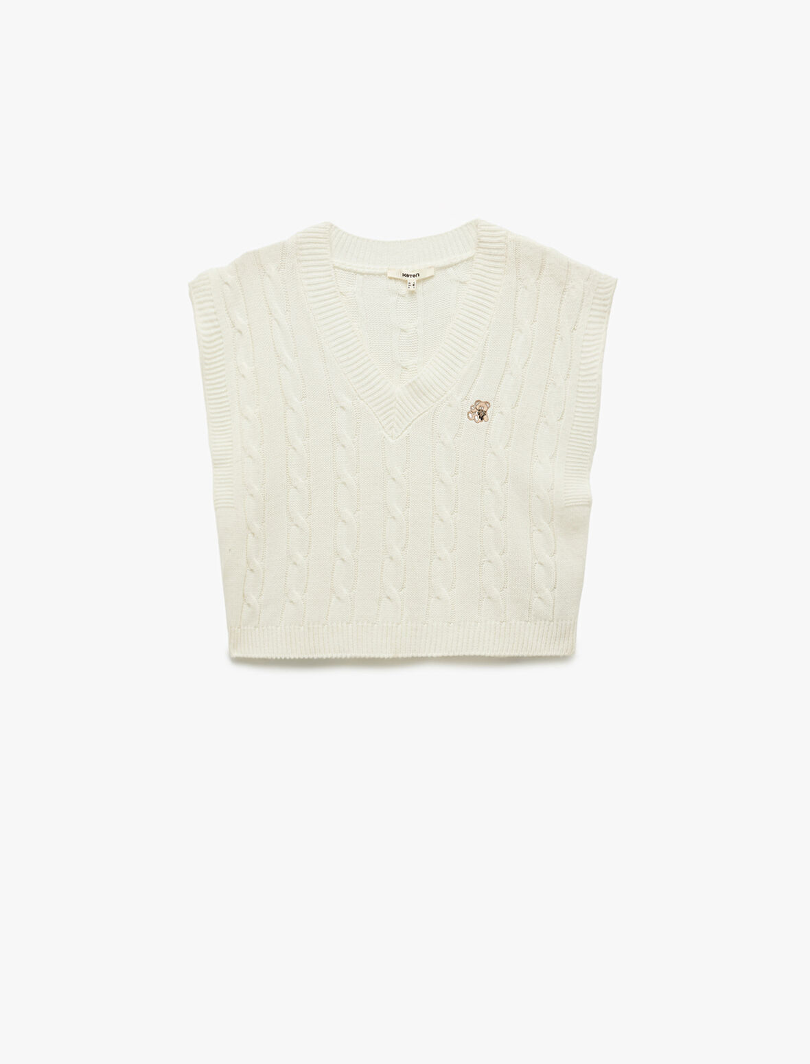 Ayıcık Nakış Detaylı Kolsuz V Yaka Saç Örgü Süveter