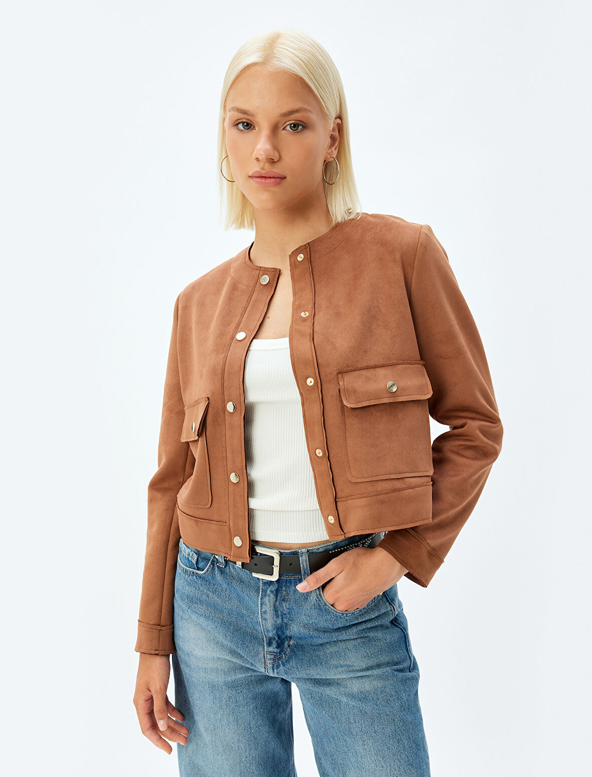 Suni Süet Ceket Yuvarlak Yaka Kapaklı Cep Detaylı Çıt Çıt Düğmeli