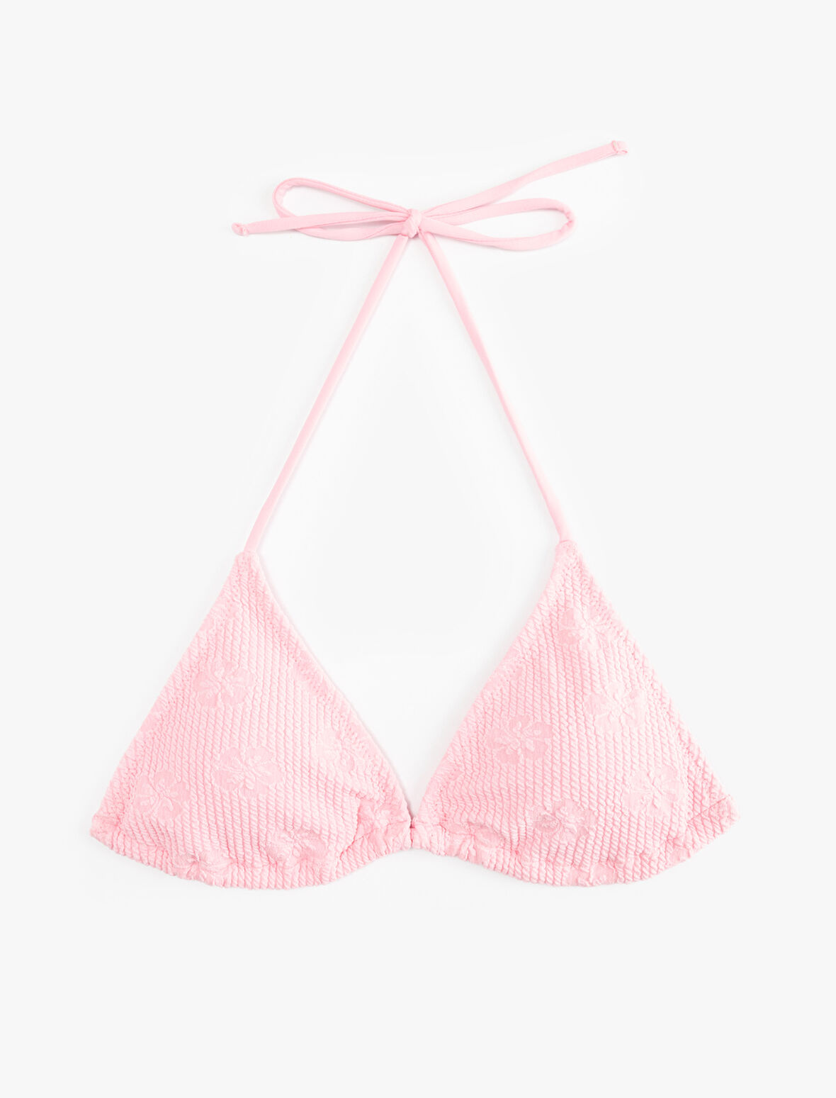 Fitilli Floral Dokulu Boyundan Bağlamalı Üçgen Bikini Üstü