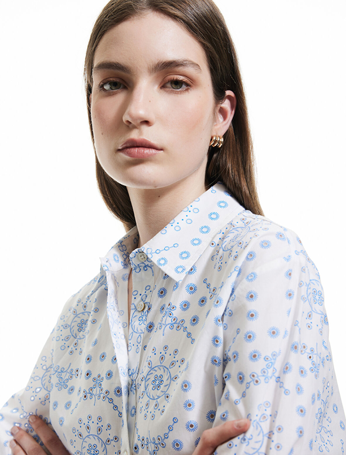 Pamuklu 3/4 Kol Klasik Yaka Etnik Desenli Uzun Poplin Gömlek