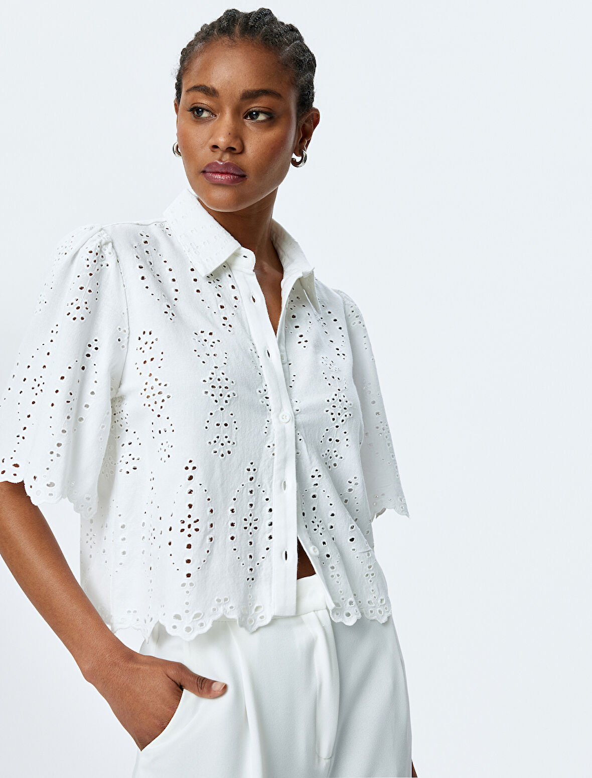 Viskon Pamuk Kumaş Kısa Kollu Crop Fistolu Gömlek