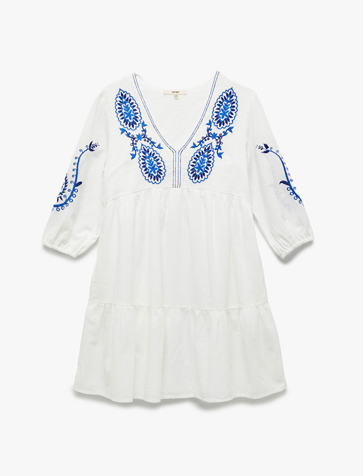 Pamuklu Bol Kalıp Astarlı Nakışlı Etnik Desenli Uzun Balon Kollu V Yaka Elbise