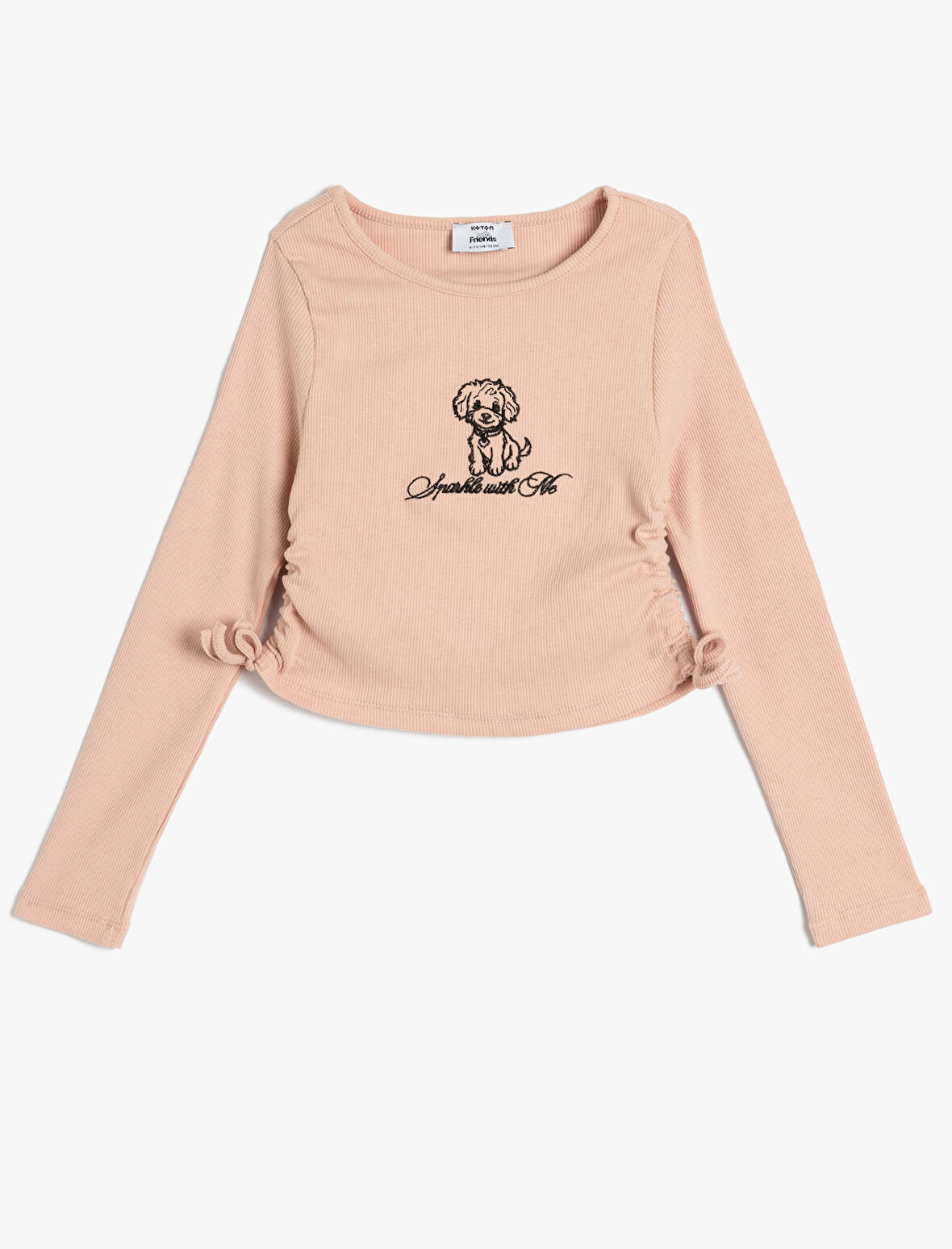 Köpek Baskılı Tişört Yanları Büzgülü Bağlamalı Uzun Kollu Bisiklet Yaka Pamuklu