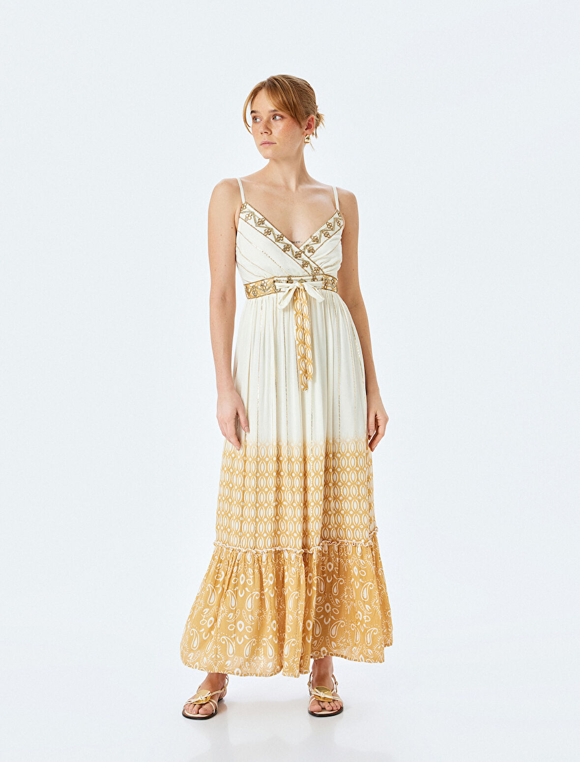 Metalik İplik Detaylı Astarlı İnce Askılı Çiçekli Uzun Elbise