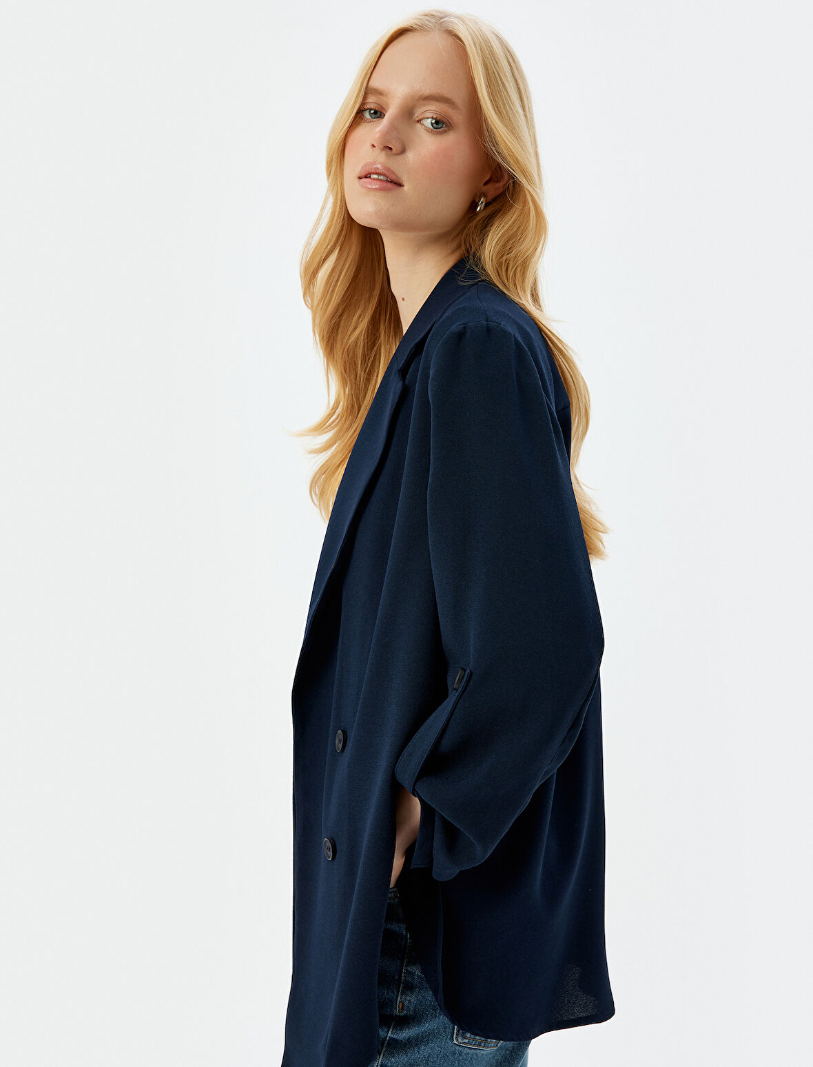 Bol Kalıp 3/4 Kol Düşük Omuz Krep Kruvaze Blazer Ceket