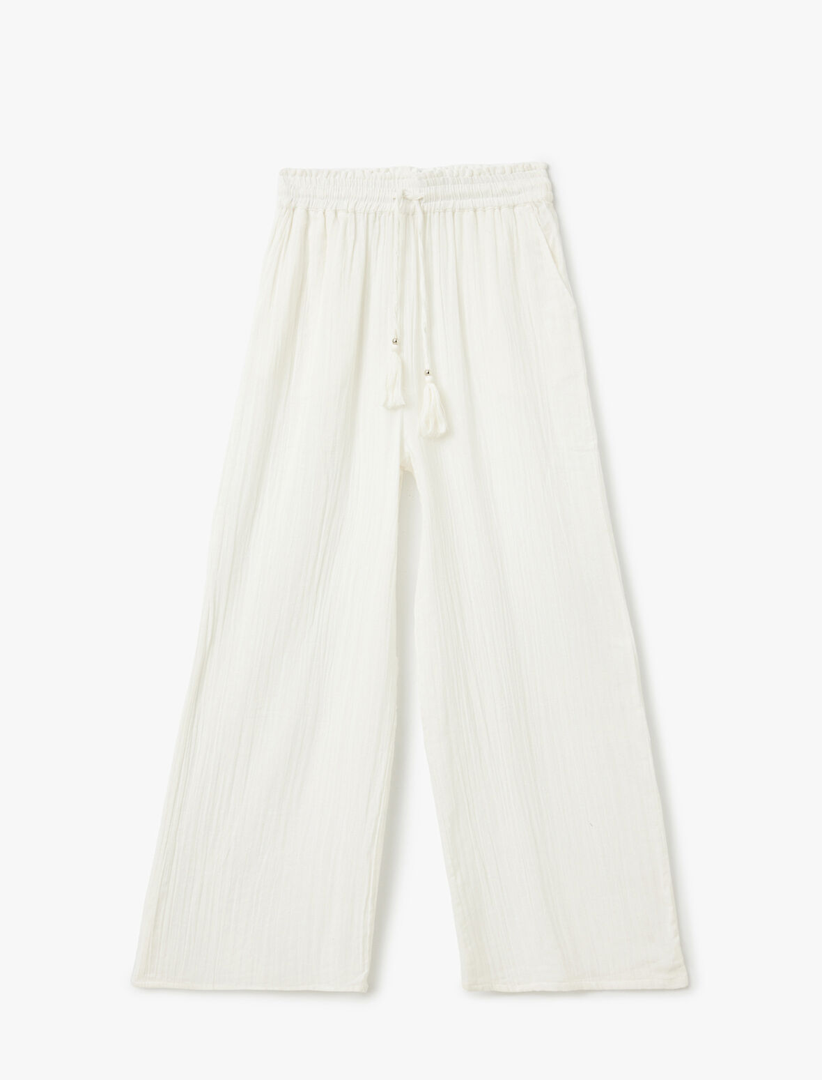 Pamuklu Beli Lastikli Bağlamalı Cepli Geniş Paça Müslin Pantolon