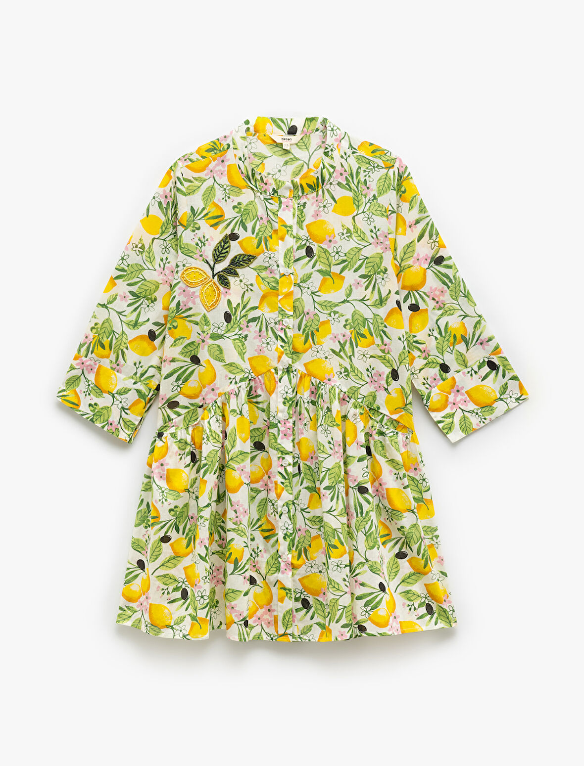 Pamuklu Boncuk İşlemeli Çiçekli Limon Desenli Plaj Elbisesi