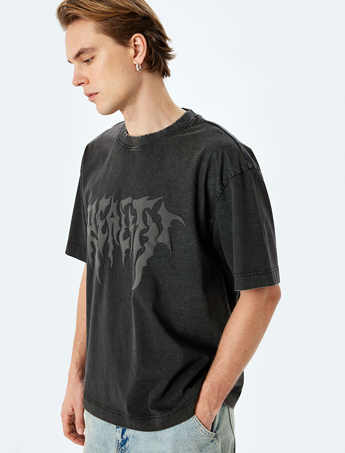 Yıkamalı Bisiklet Yaka Pamuklu Kısa Kollu Gotik Baskılı Oversize Tişört