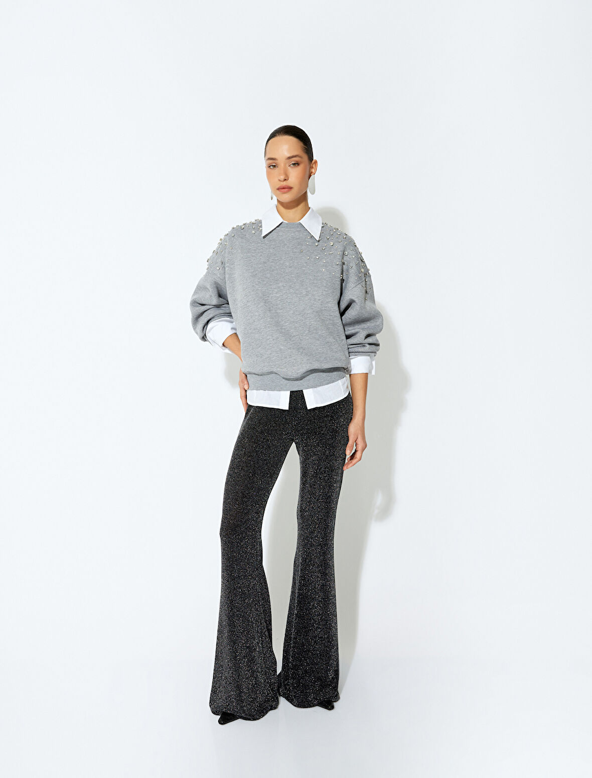 Uzun Kollu Bisiklet Yaka Taşlı Oversize Sweatshirt 