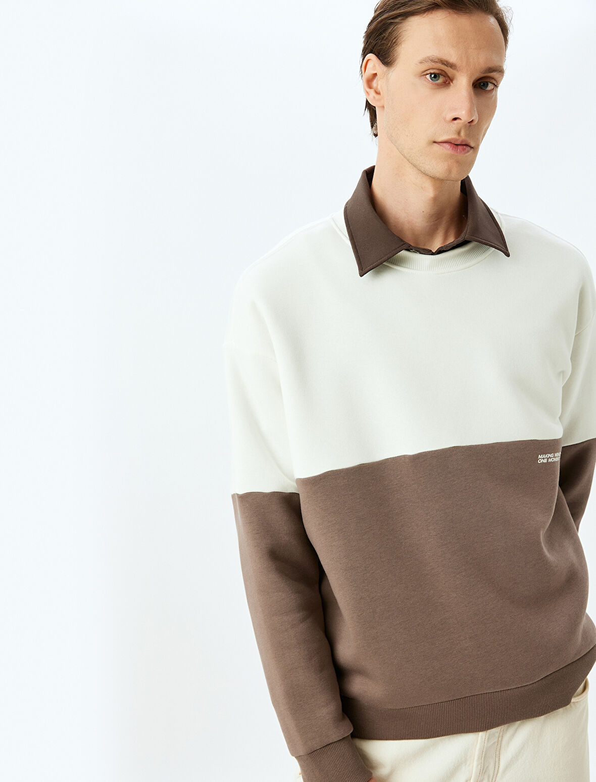 Bisiklet Yaka Pamuk Karışımlı Şardonlu Renk Bloklu Basic Minimal Baskılı Oversize Sweatshirt