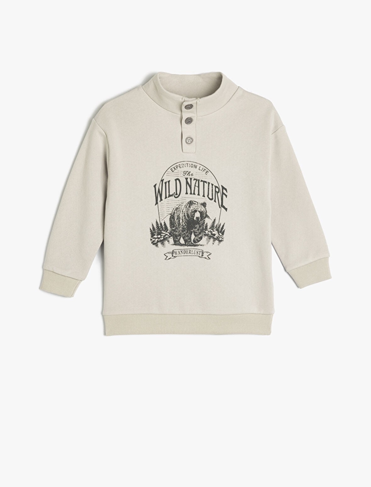 Dik Yaka Düğme Detaylı Baskılı Pamuklu Şardonlu Oversize Sweatshirt 